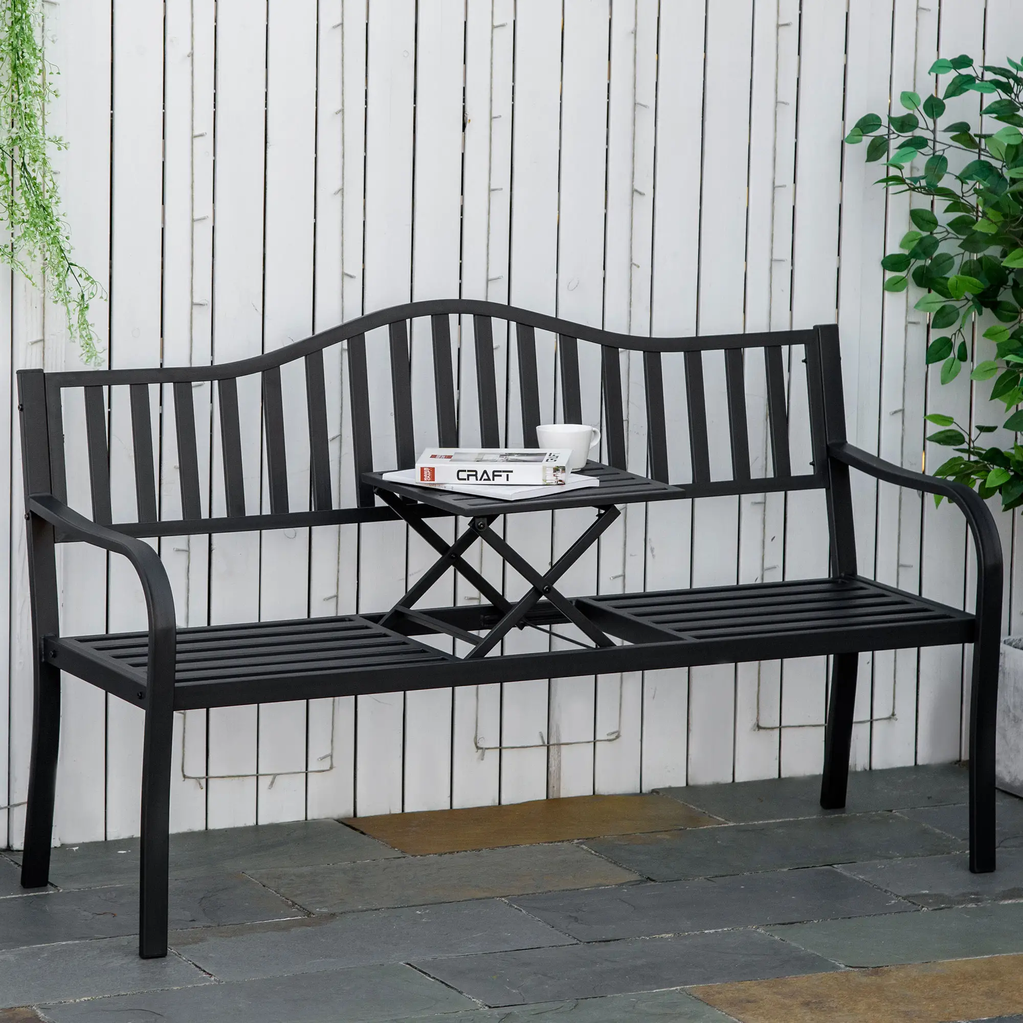 Metal Outdoor Bench with Liftable Table, Patio Loveseat, Garden Bench, Black - Image 2