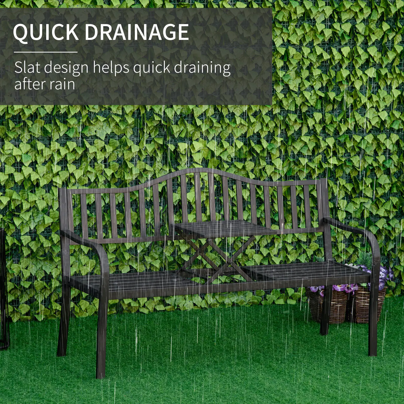 Metal Outdoor Bench with Liftable Table, Patio Loveseat, Garden Bench, Black - Image 6