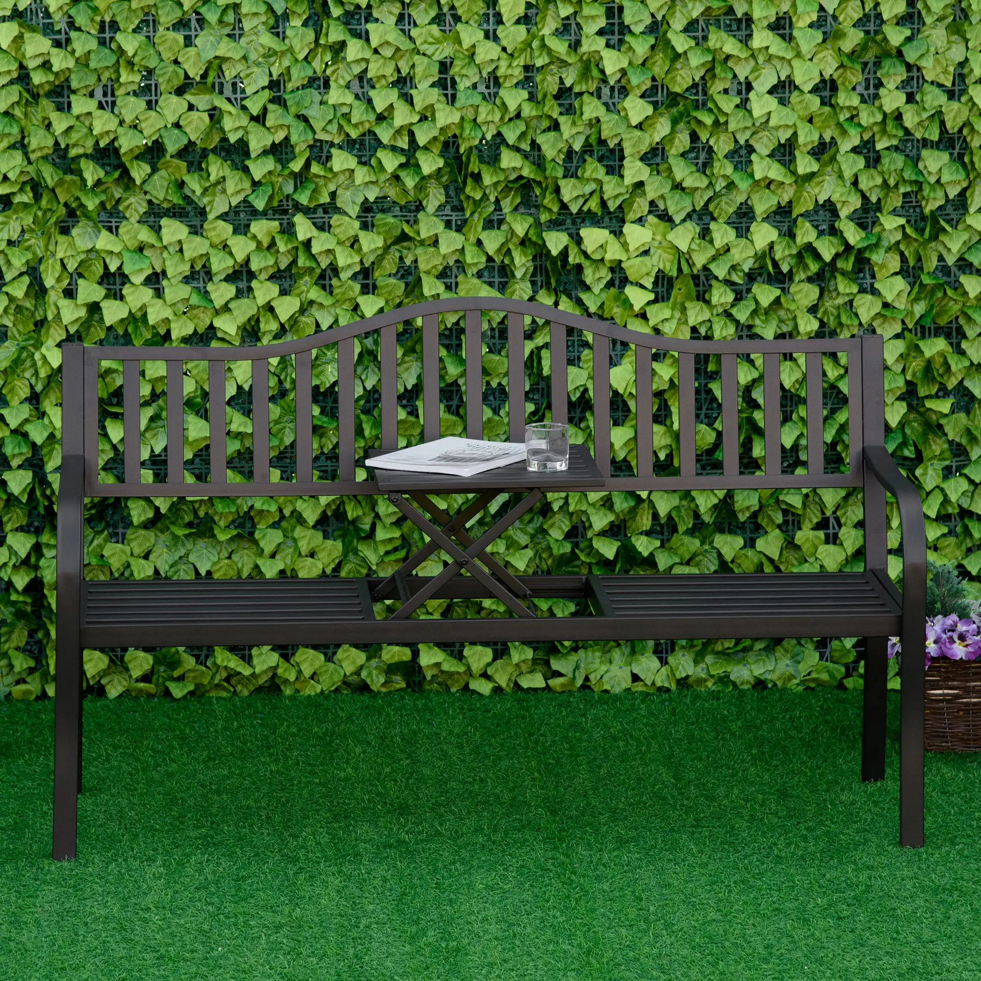 Metal Outdoor Bench with Liftable Table, Patio Loveseat, Garden Bench, Black - Image 8