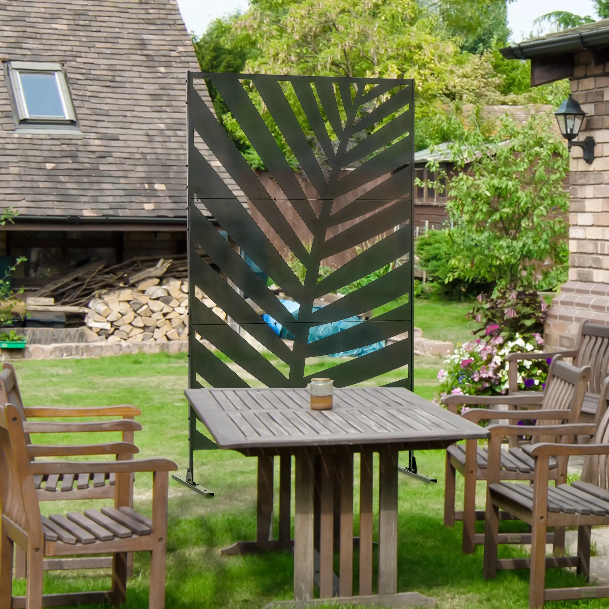 Metal Outdoor Privacy Screen, 48" x 78" H, Freestanding Garden Panel, Banana Leaf - Image 8