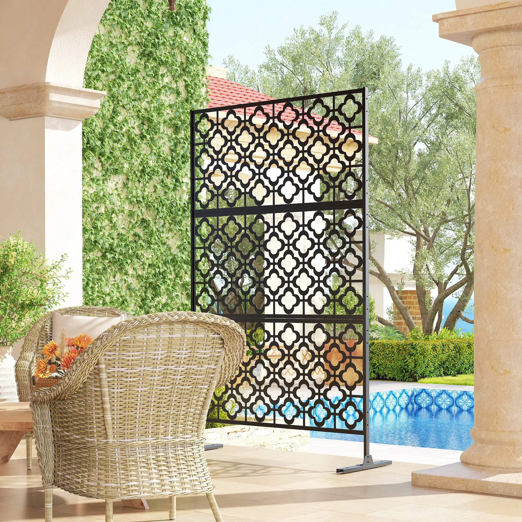 Metal Outdoor Privacy Screen, Freestanding Divider, 78" x 48", Black - Image 10