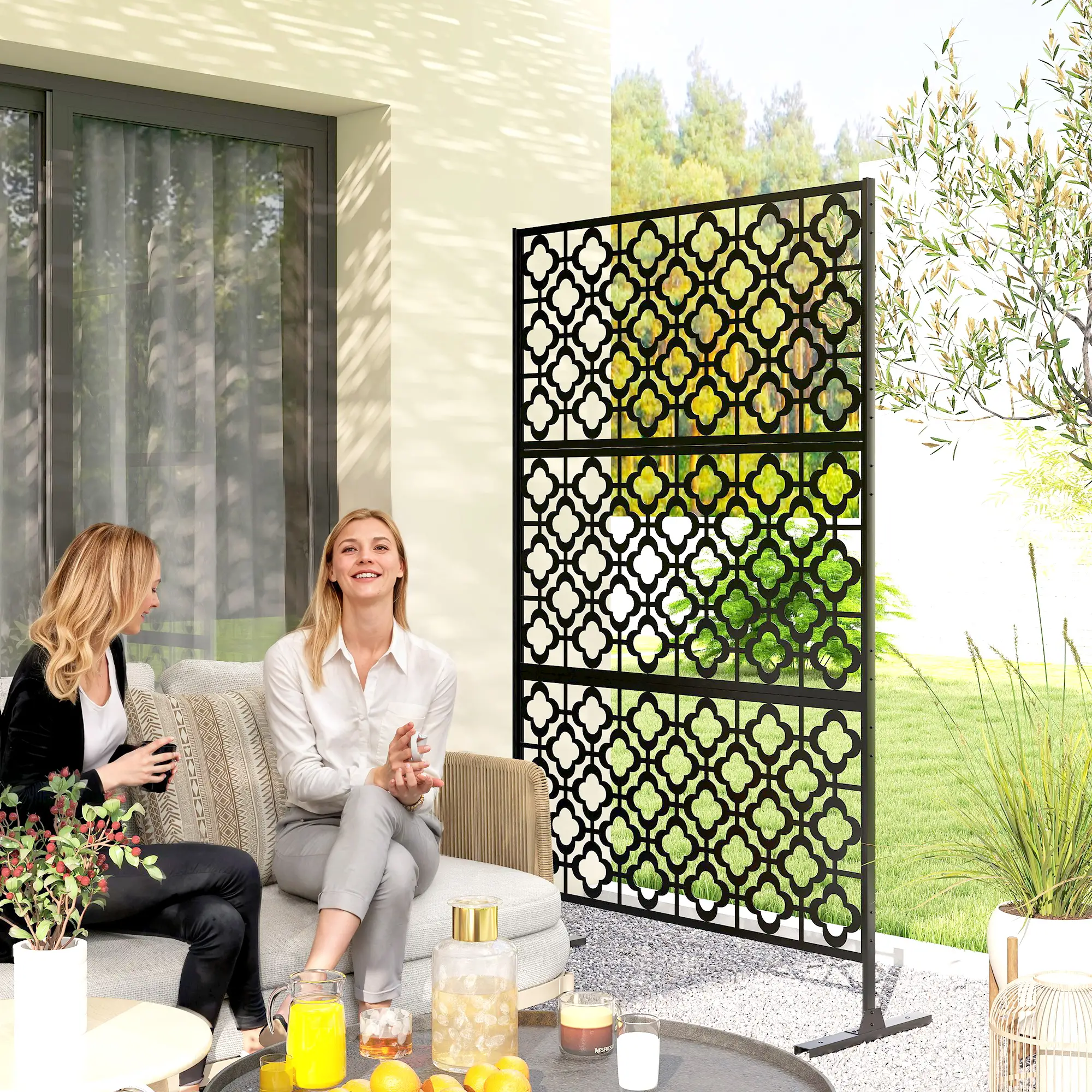 Metal Outdoor Privacy Screen, Freestanding Divider, 78" x 48", Black - Image 2
