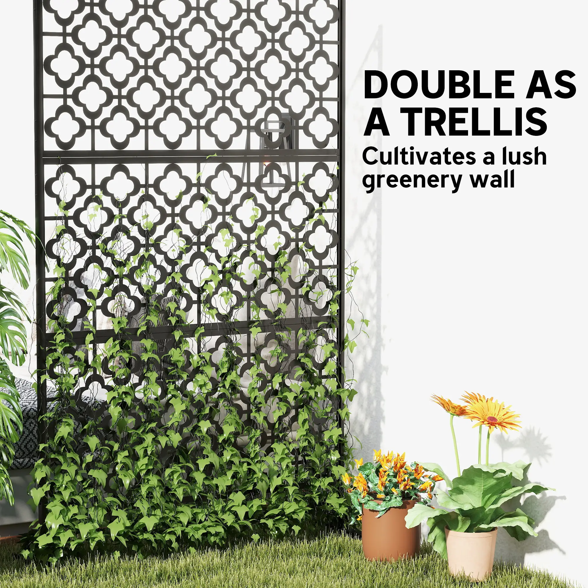 Metal Outdoor Privacy Screen, Freestanding Divider, 78" x 48", Black - Image 5