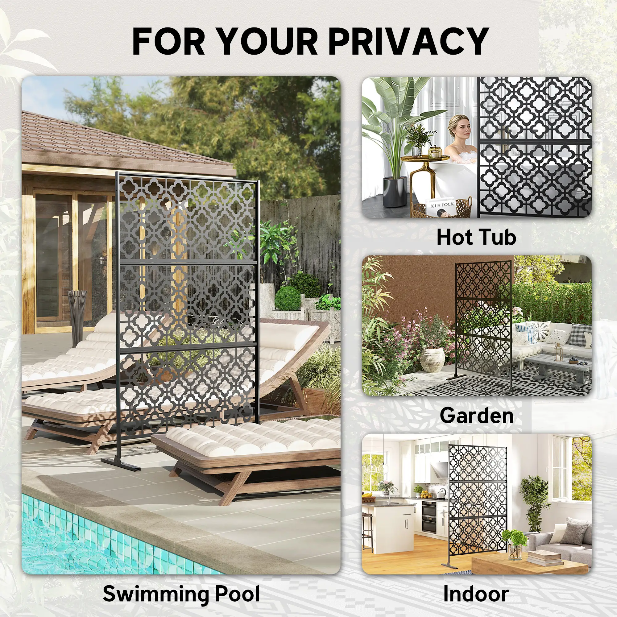Metal Outdoor Privacy Screen, Freestanding Divider, 78" x 48", Black - Image 7