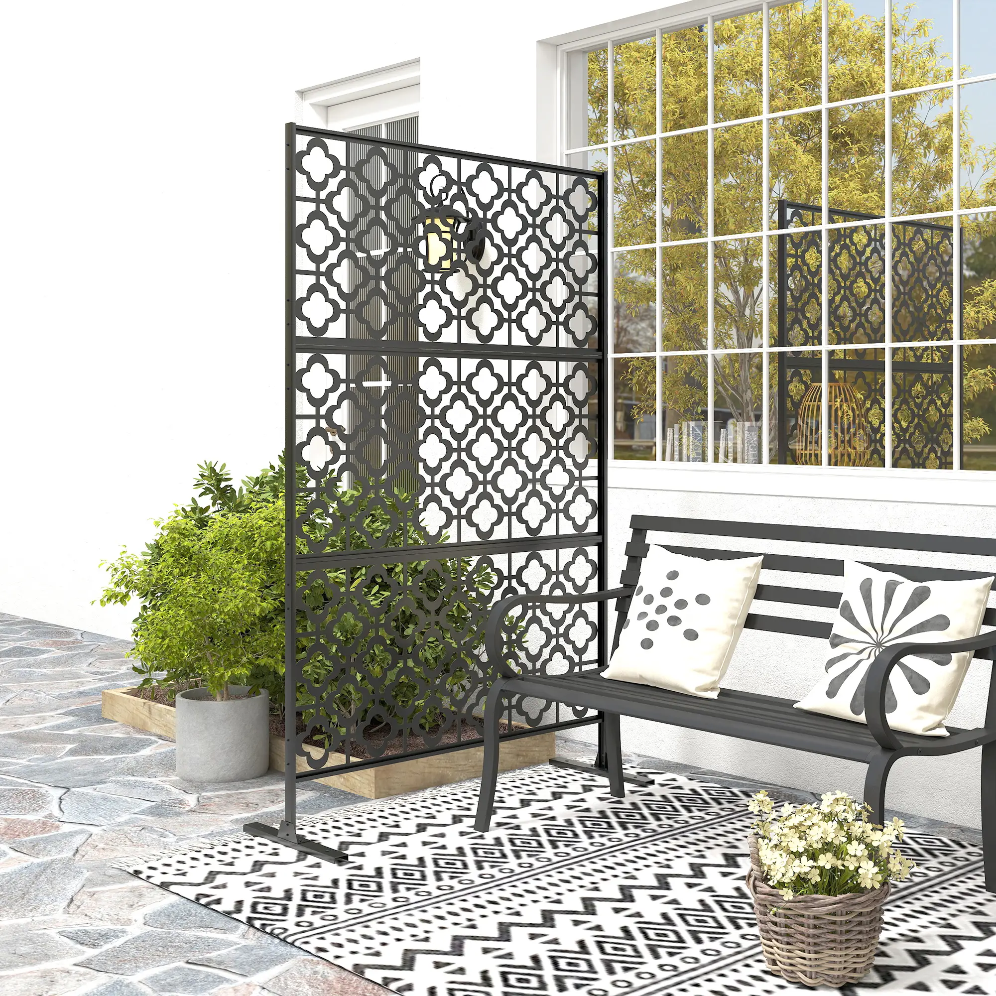 Metal Outdoor Privacy Screen, Freestanding Divider, 78" x 48", Black - Image 9