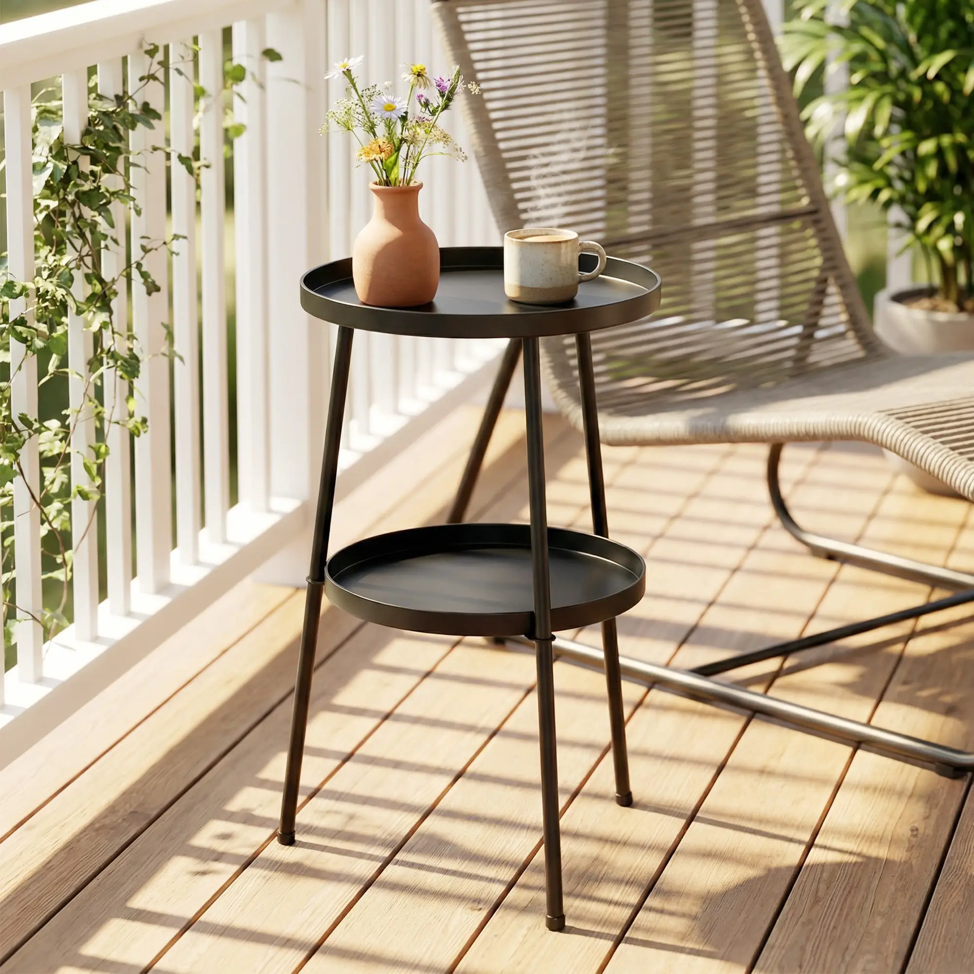 Metal Patio Side Table, 2-Tier Round End Table, Black - Image 2