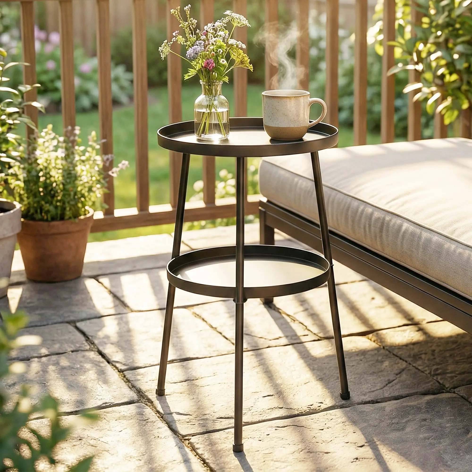 Metal Patio Side Table, 2-Tier Round End Table, Black - Image 8