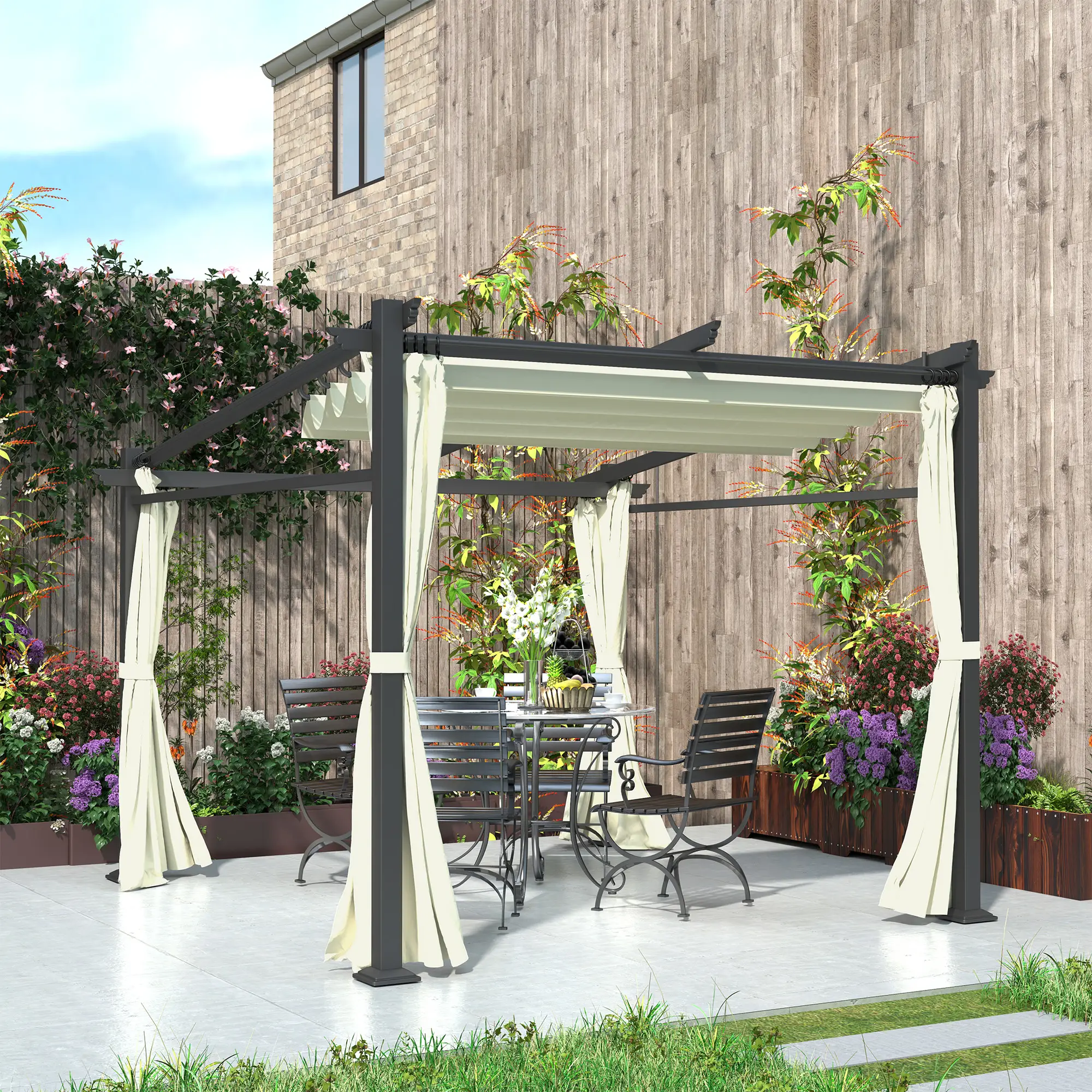 Metal Pergola, Sliding Roof Canopy, Retractable, 10' x 10', Beige - Image 10