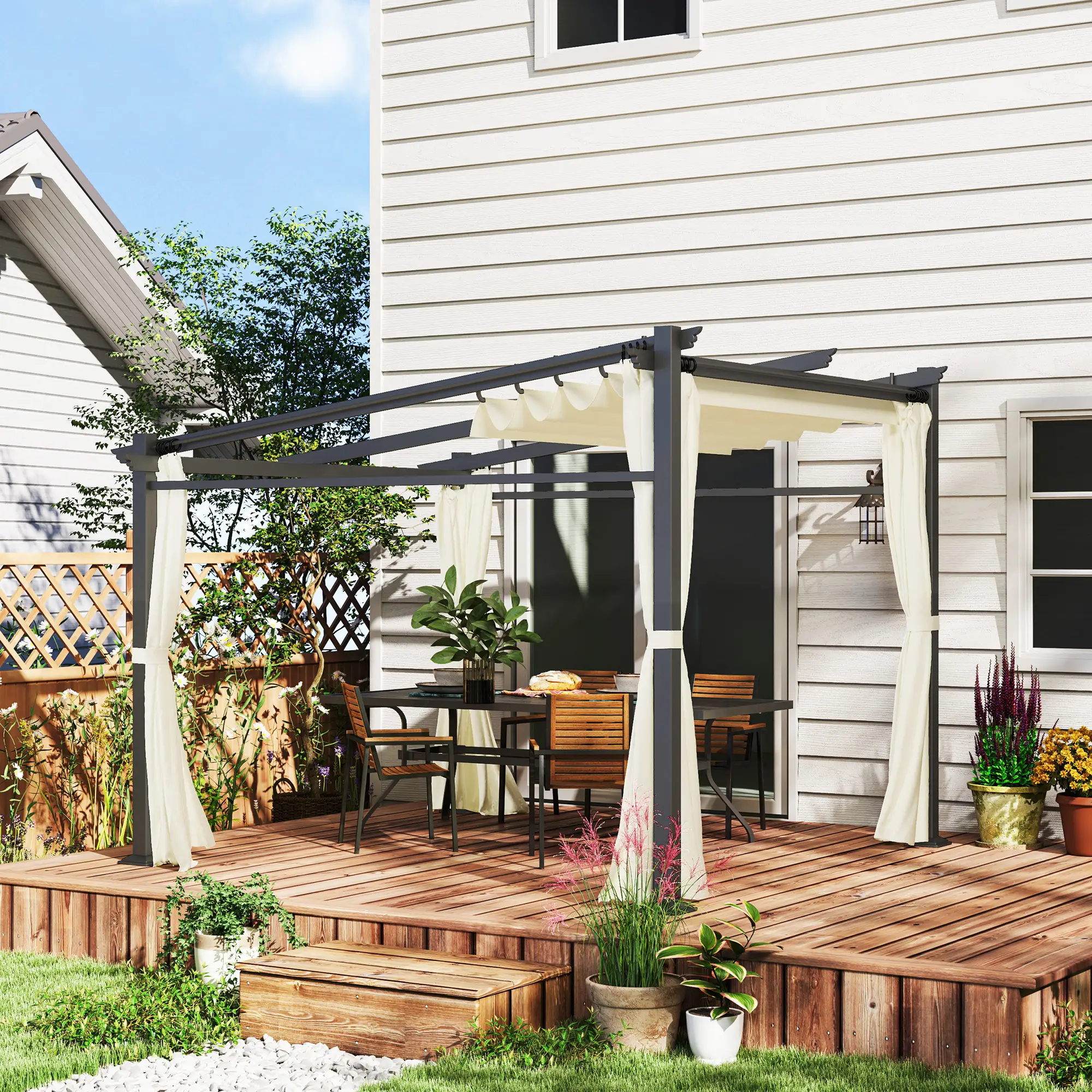 Metal Pergola, Sliding Roof Canopy, Retractable, 10' x 10', Beige - Image 2