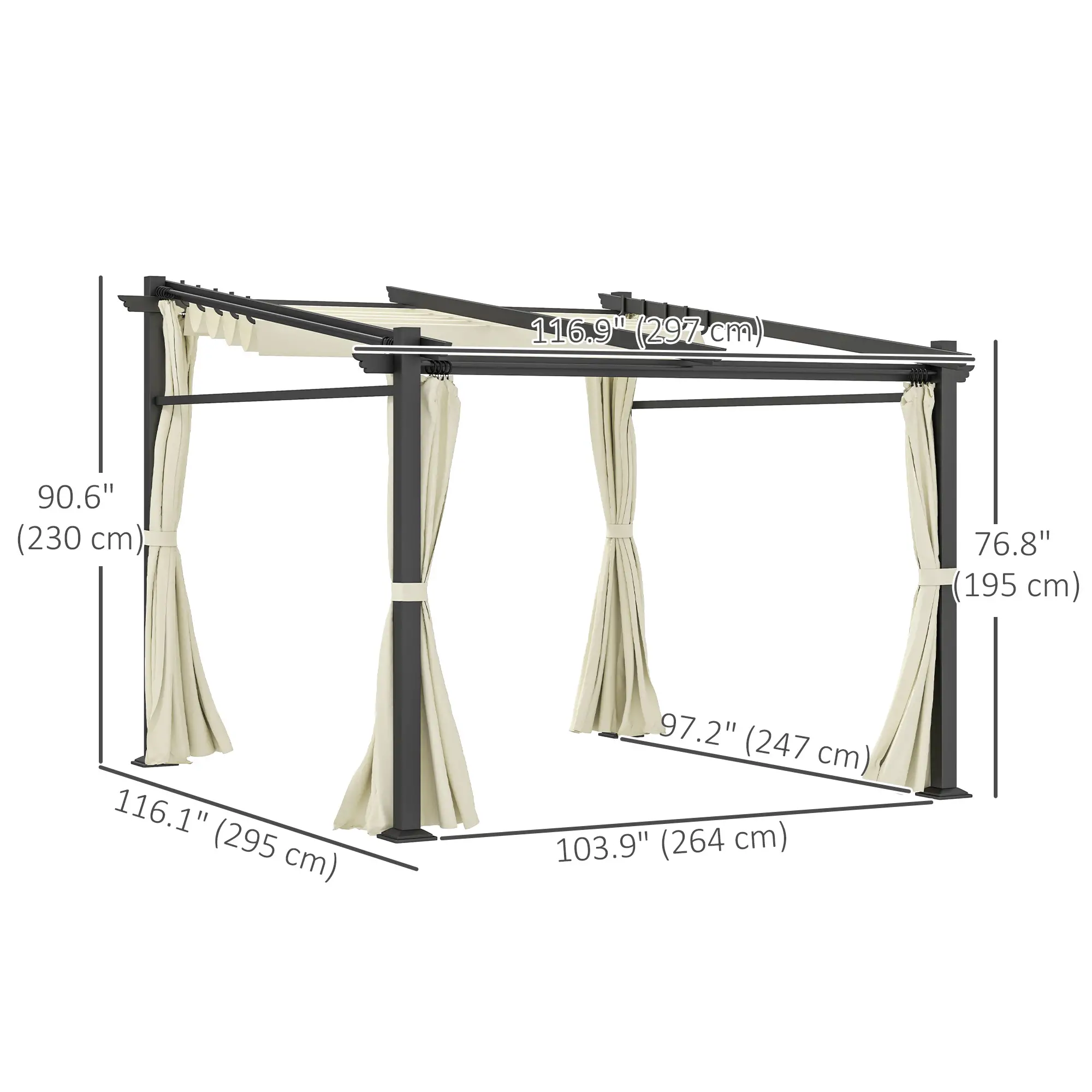 Metal Pergola, Sliding Roof Canopy, Retractable, 10' x 10', Beige - Image 3