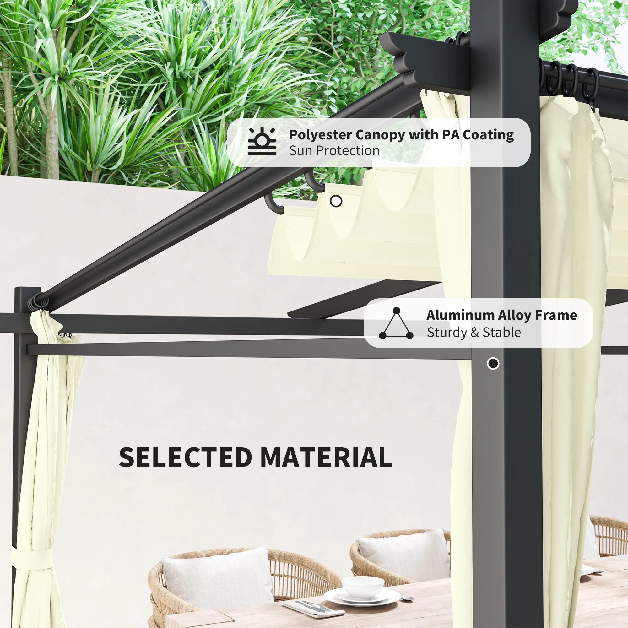 Metal Pergola, Sliding Roof Canopy, Retractable, 10' x 10', Beige - Image 4