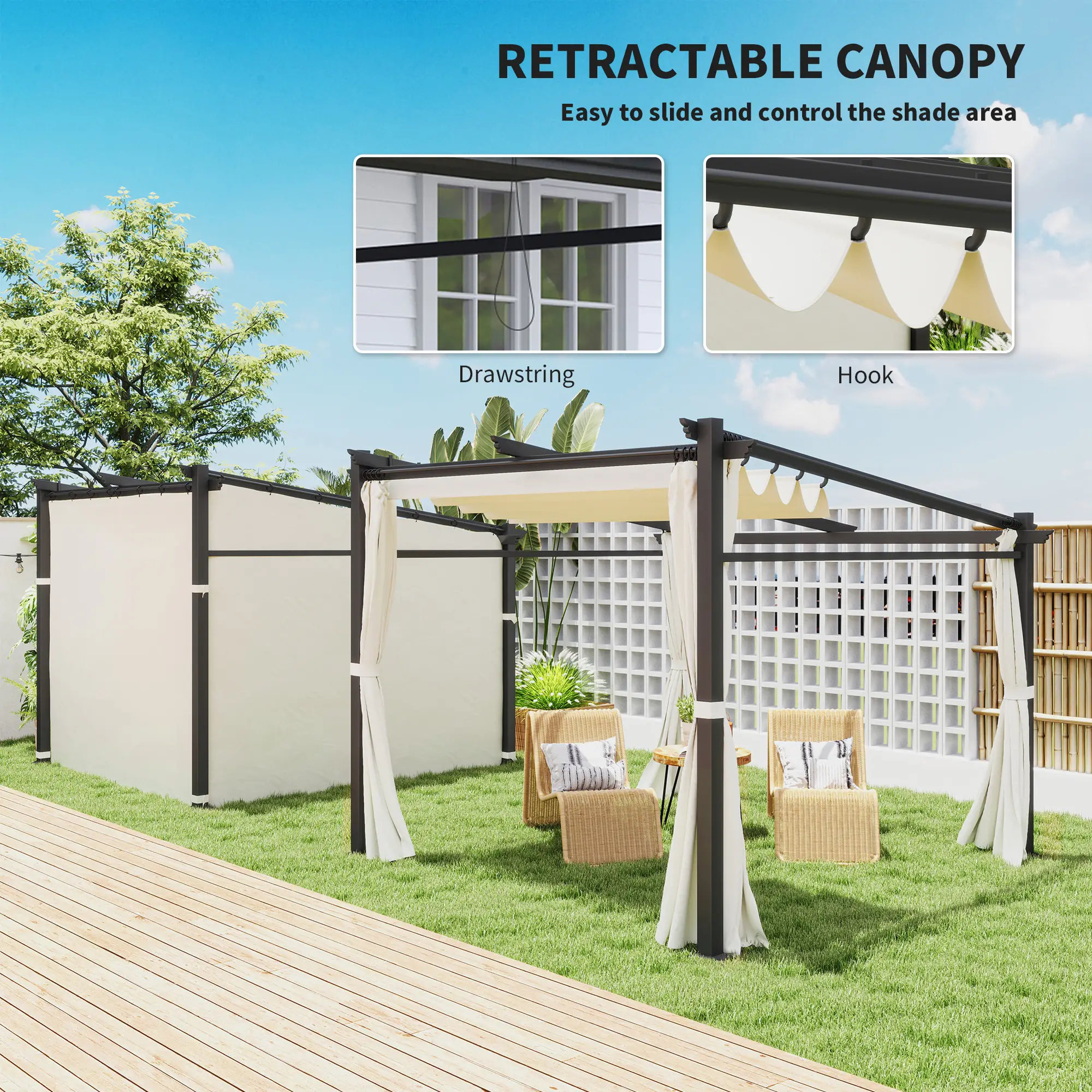 Metal Pergola, Sliding Roof Canopy, Retractable, 10' x 10', Beige - Image 5