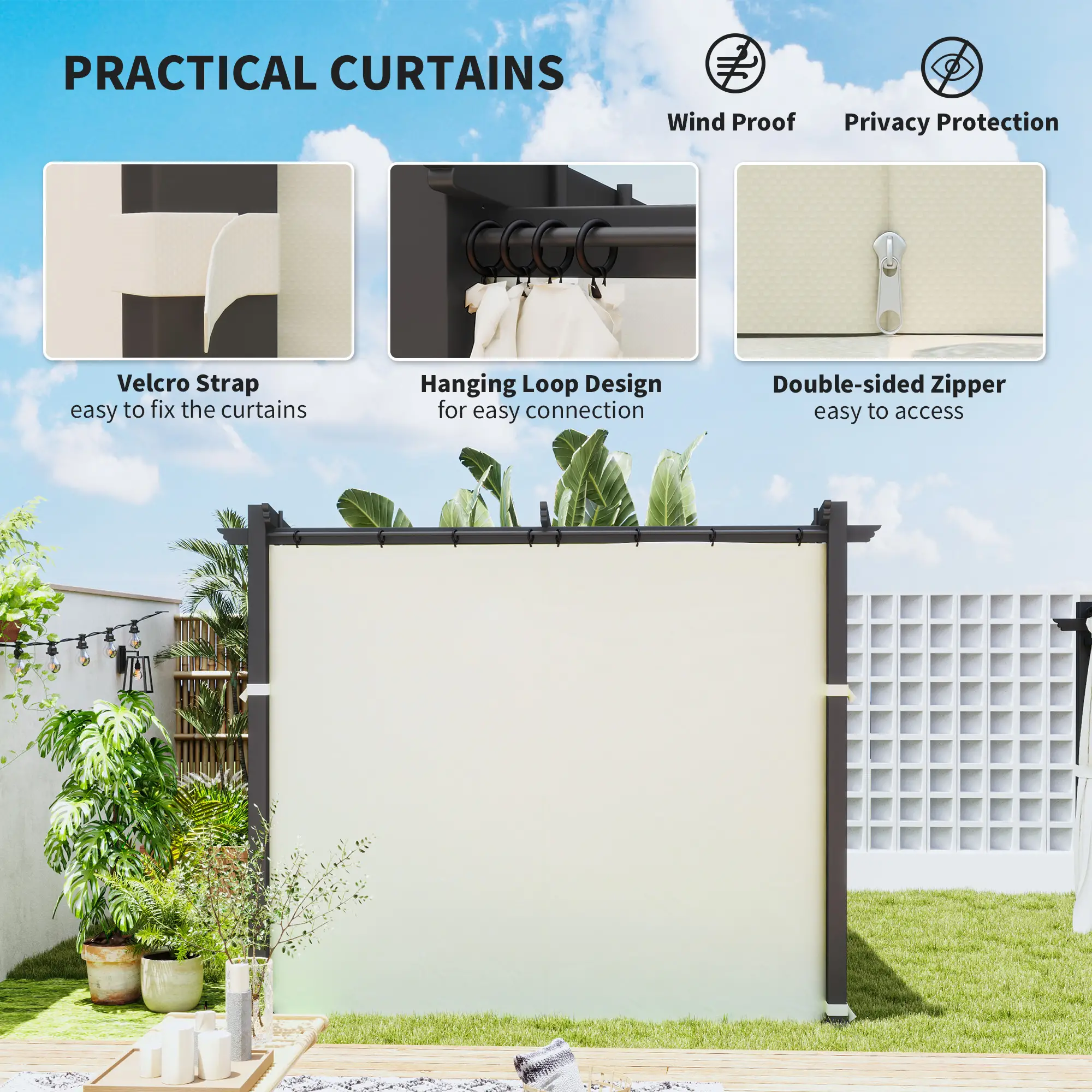Metal Pergola, Sliding Roof Canopy, Retractable, 10' x 10', Beige - Image 6