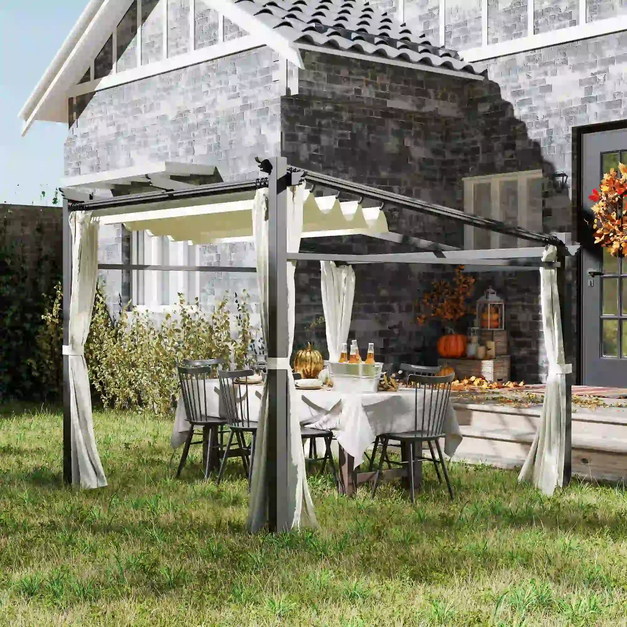 Metal Pergola, Sliding Roof Canopy, Retractable, 10' x 10', Beige - Image 8