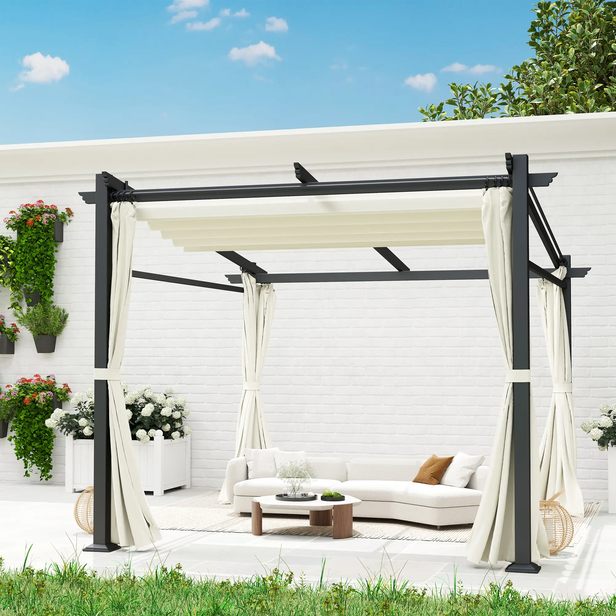 Metal Pergola, Sliding Roof Canopy, Retractable, 10' x 10', Beige - Image 9