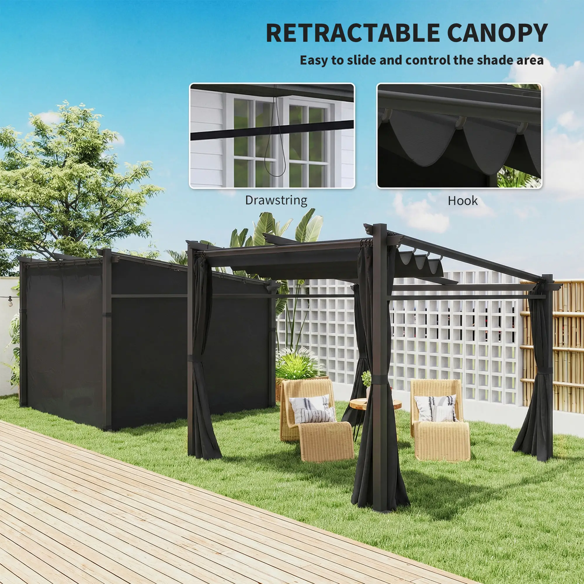 Metal Pergola With Sliding Roof Canopy, 10' x 10', Black - Image 5
