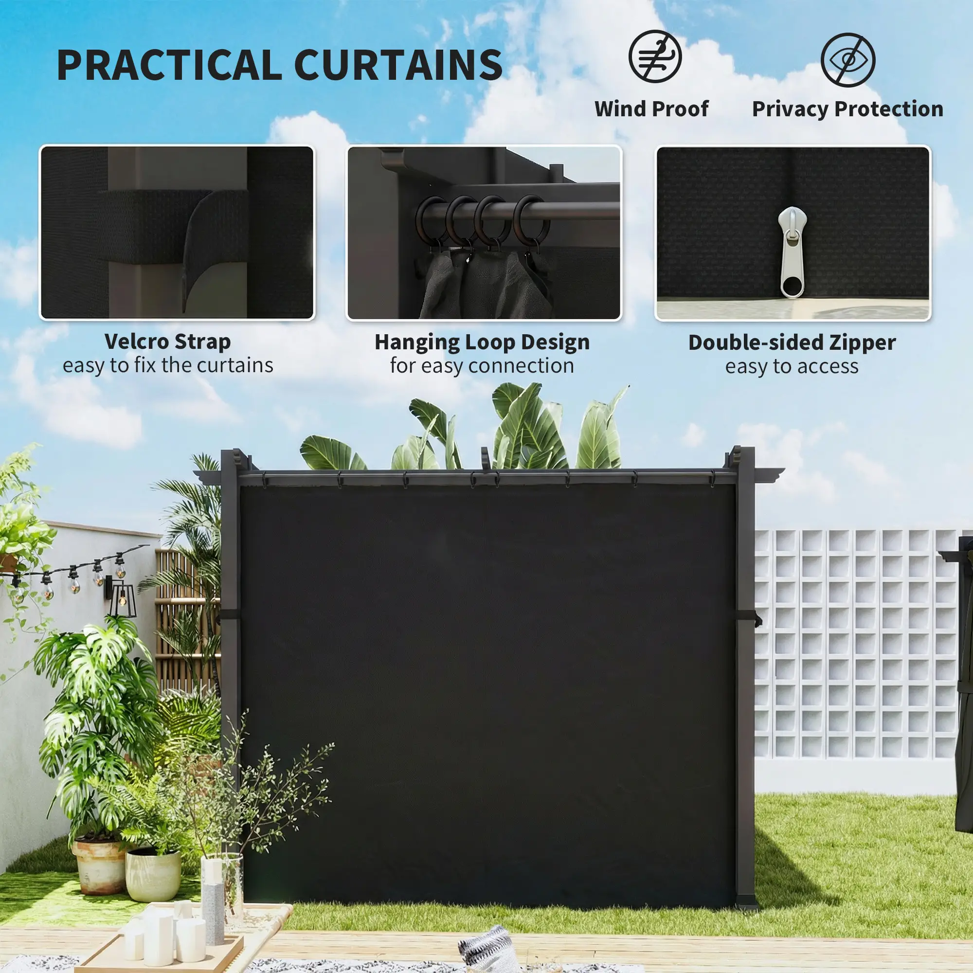 Metal Pergola With Sliding Roof Canopy, 10' x 10', Black - Image 6