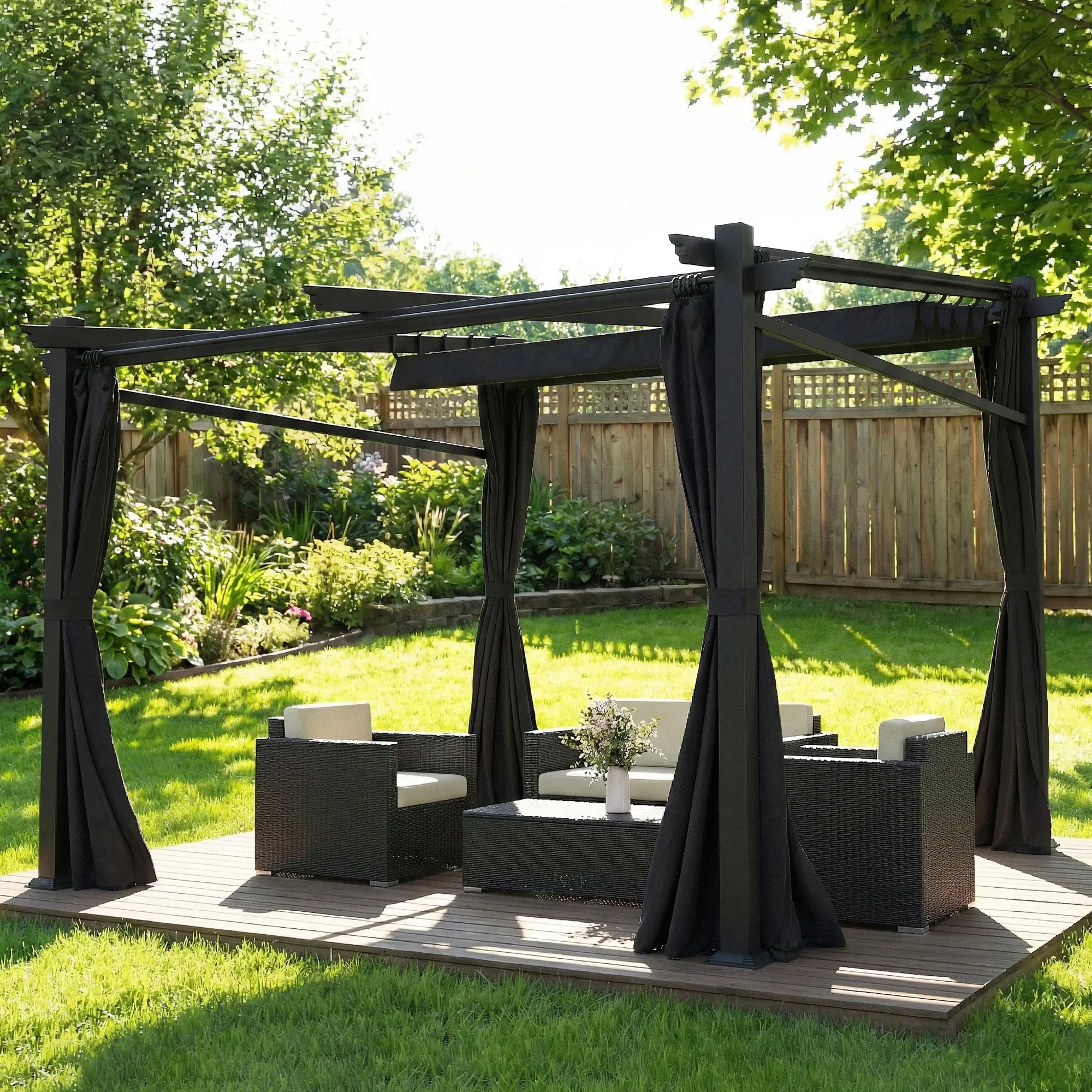 Metal Pergola With Sliding Roof Canopy, 10' x 10', Black - Image 8
