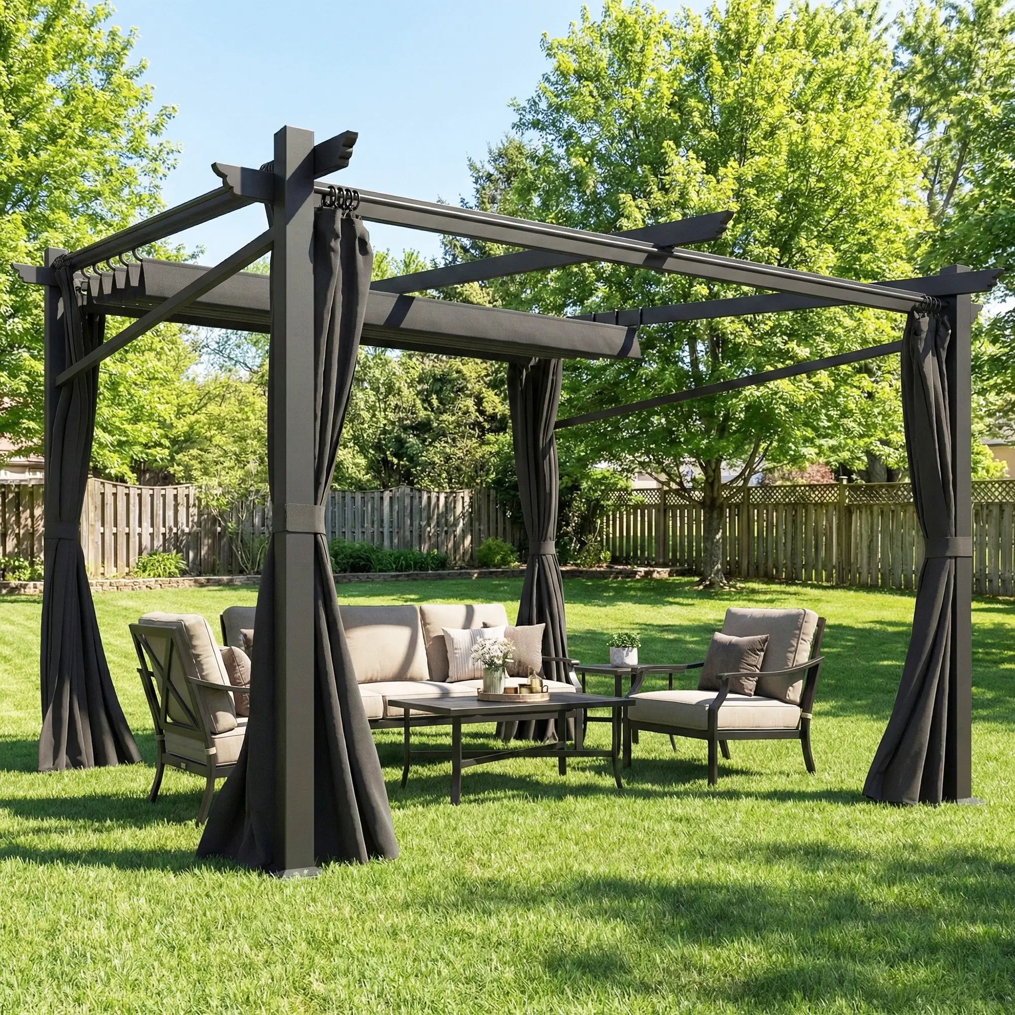 Metal Pergola With Sliding Roof Canopy, 10' x 10', Black - Image 9