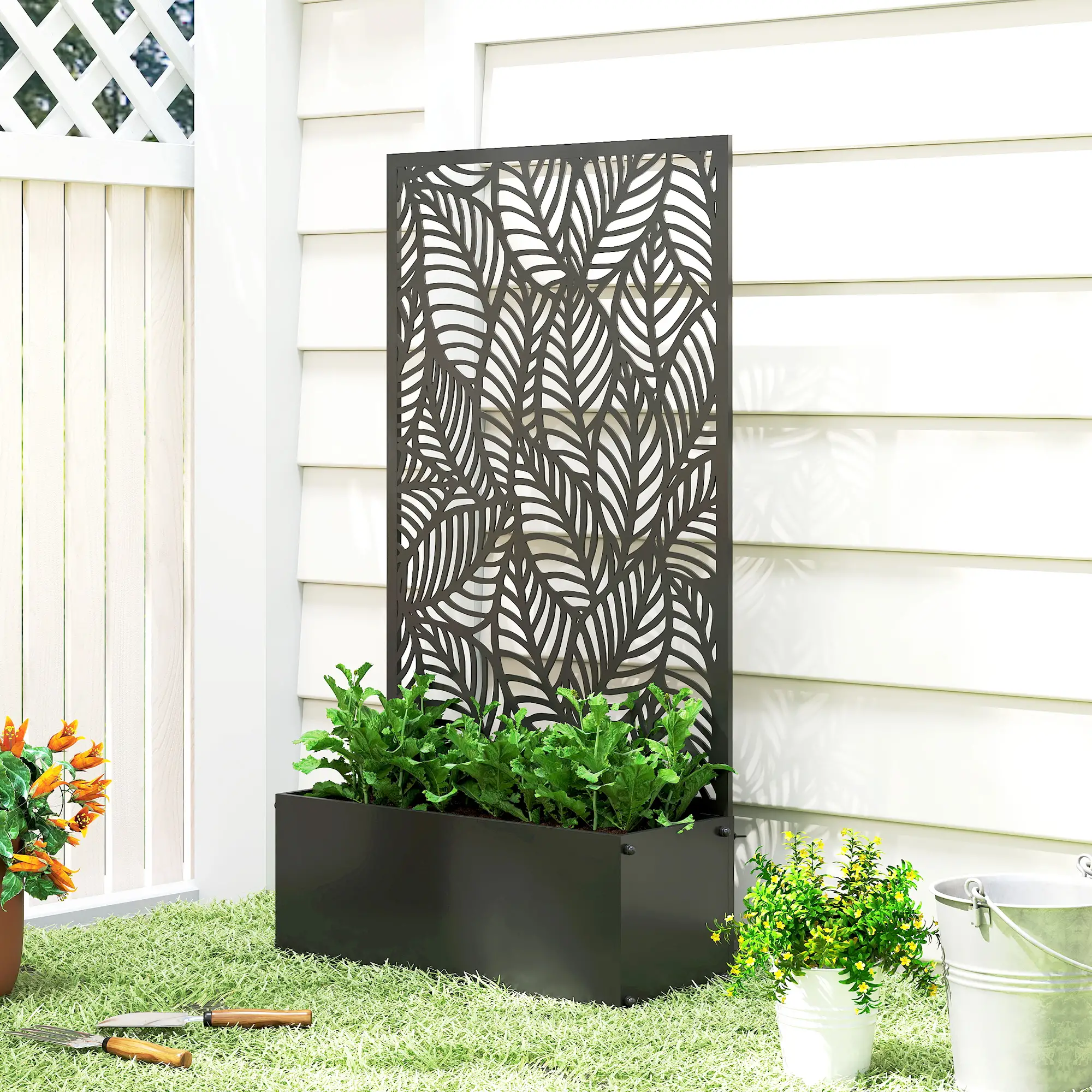 Metal Planter Box With Trellis, 44.5" Raised Garden Bed, Leaves Cut-Out - Image 10