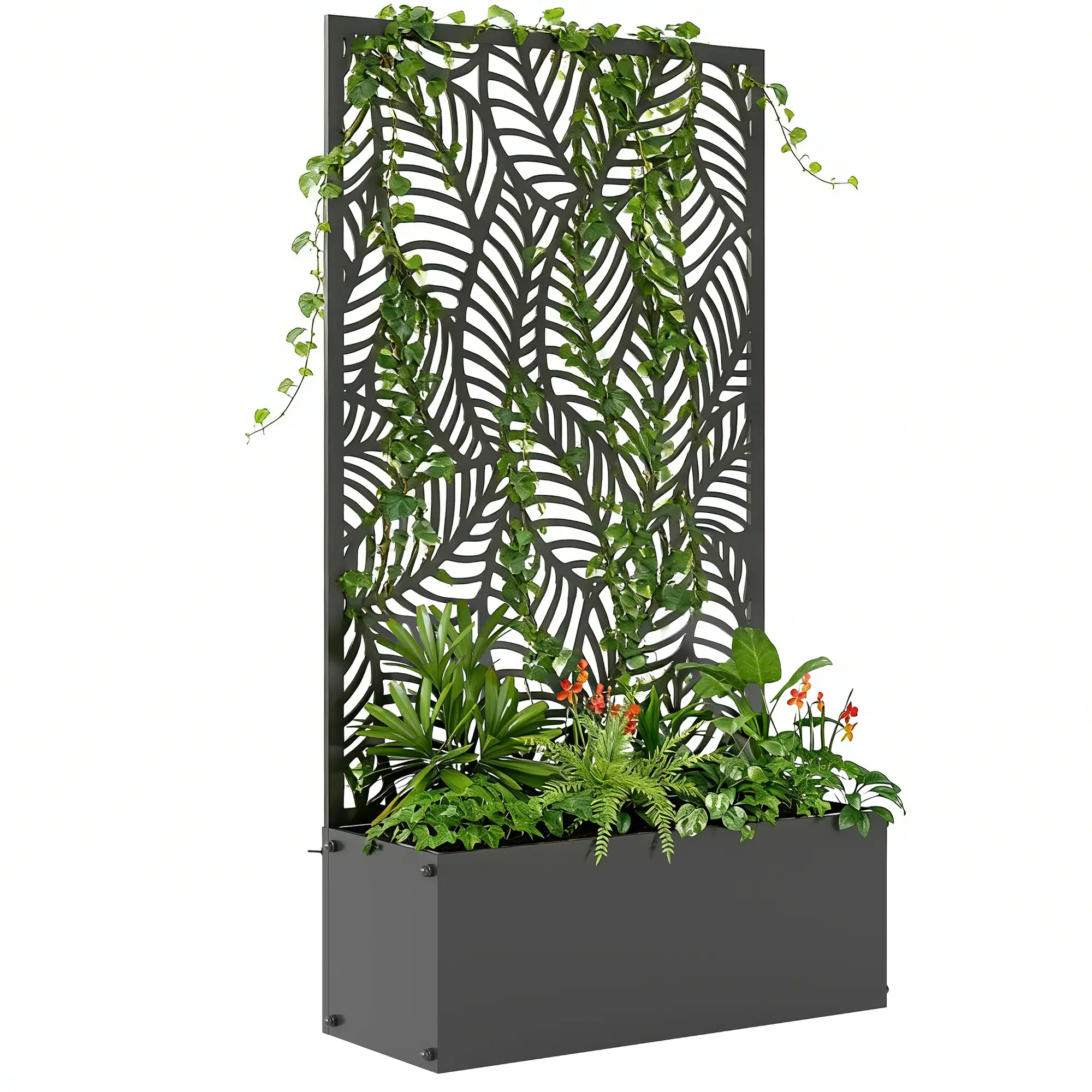 Metal Planter Box With Trellis, 44.5" Raised Garden Bed, Leaves Cut-Out - Image 11