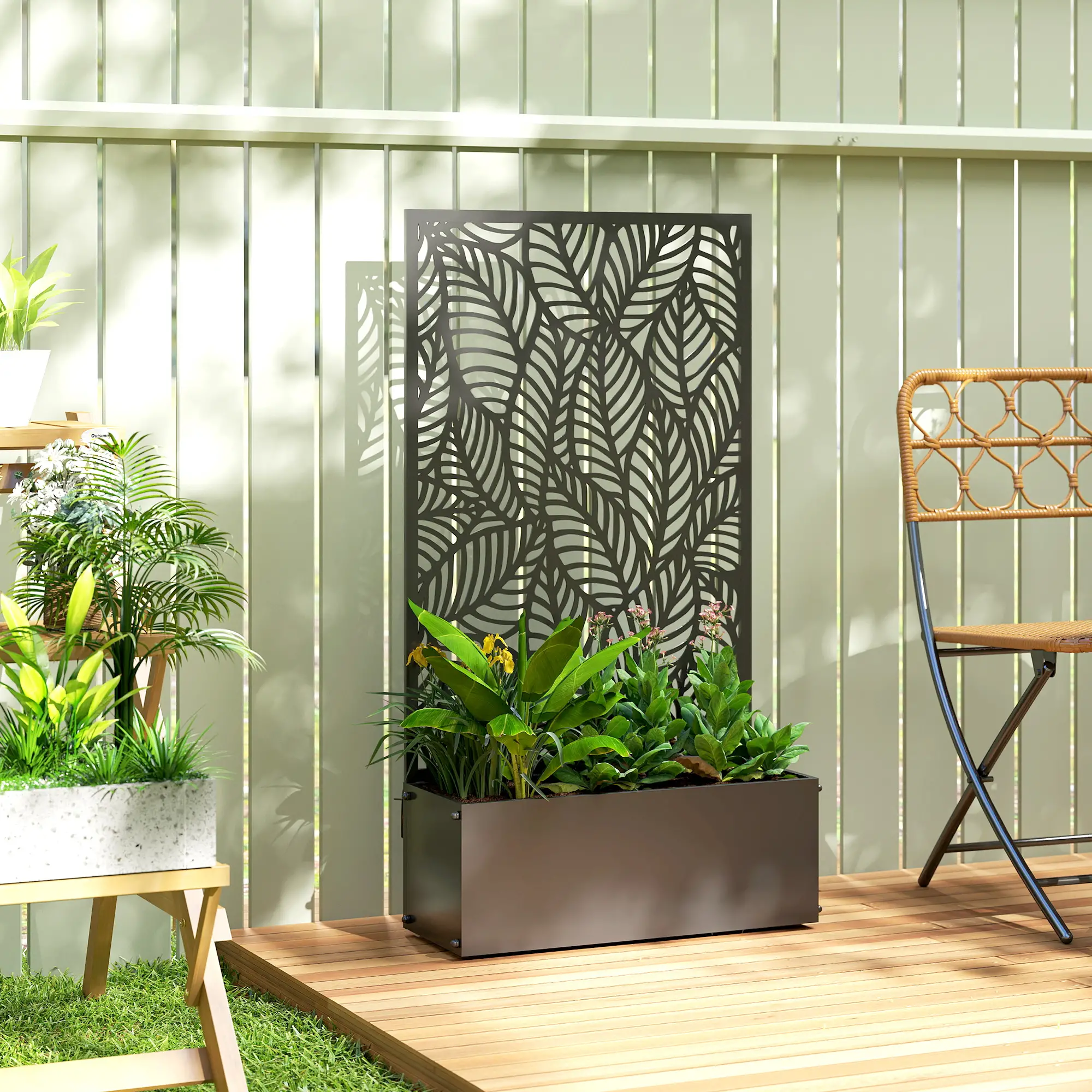 Metal Planter Box With Trellis, 44.5" Raised Garden Bed, Leaves Cut-Out - Image 2