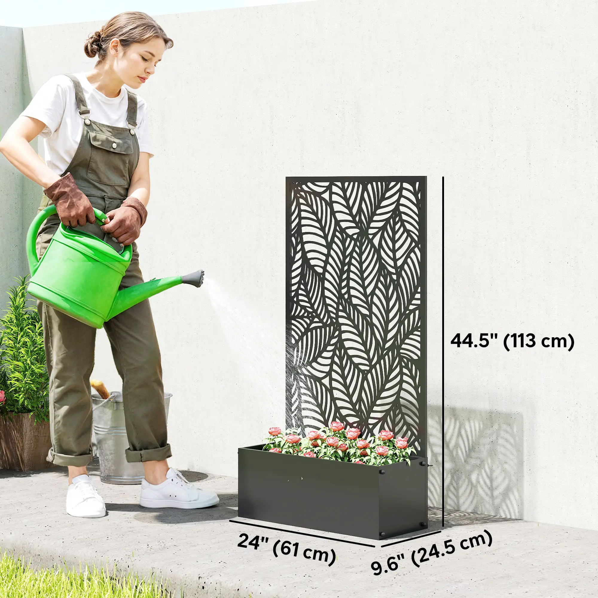 Metal Planter Box With Trellis, 44.5" Raised Garden Bed, Leaves Cut-Out - Image 3