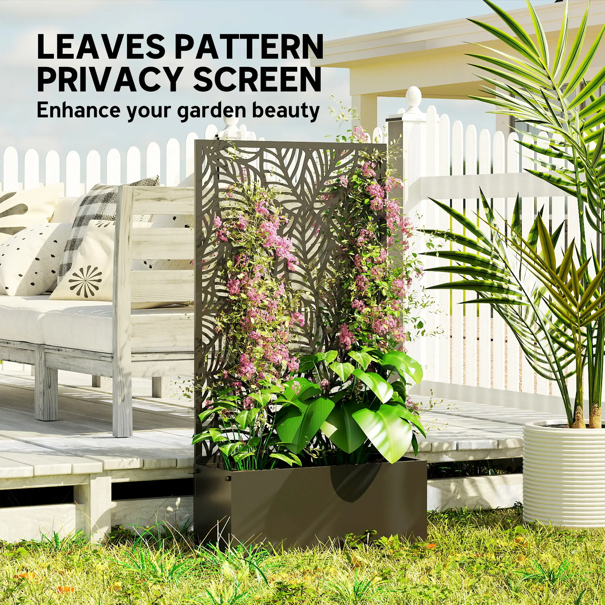 Metal Planter Box With Trellis, 44.5" Raised Garden Bed, Leaves Cut-Out - Image 5