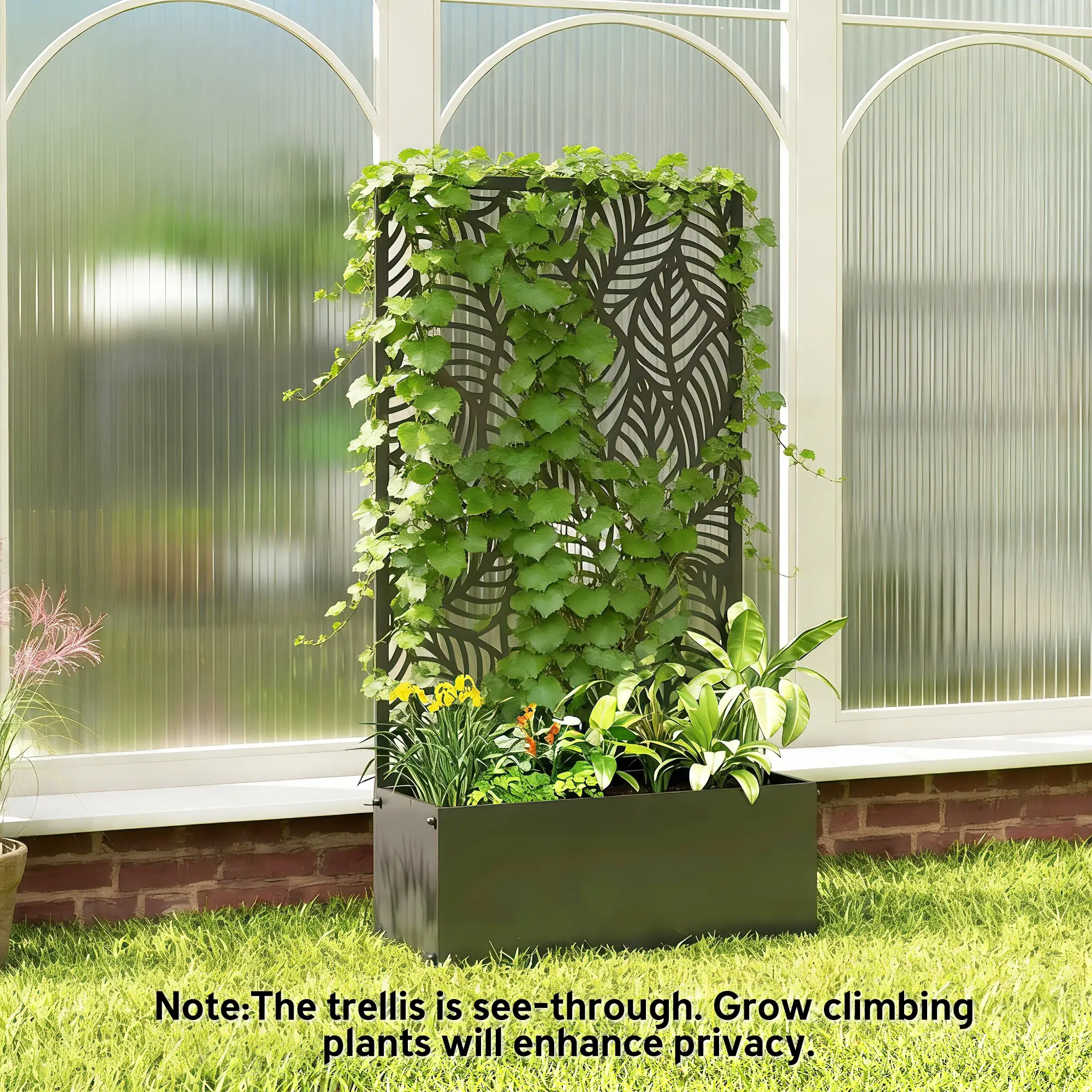 Metal Planter Box With Trellis, 44.5" Raised Garden Bed, Leaves Cut-Out - Image 7