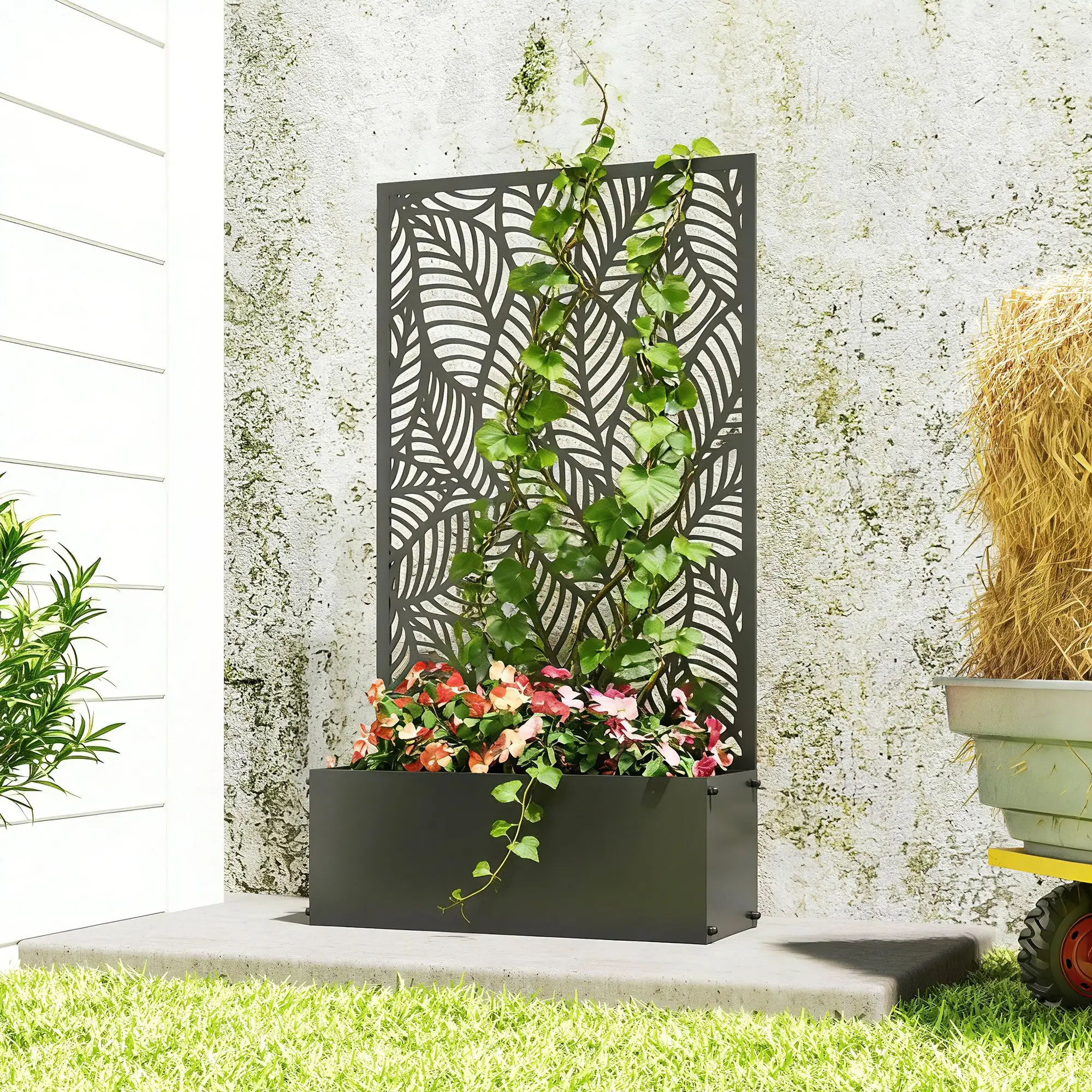 Metal Planter Box With Trellis, 44.5" Raised Garden Bed, Leaves Cut-Out - Image 8