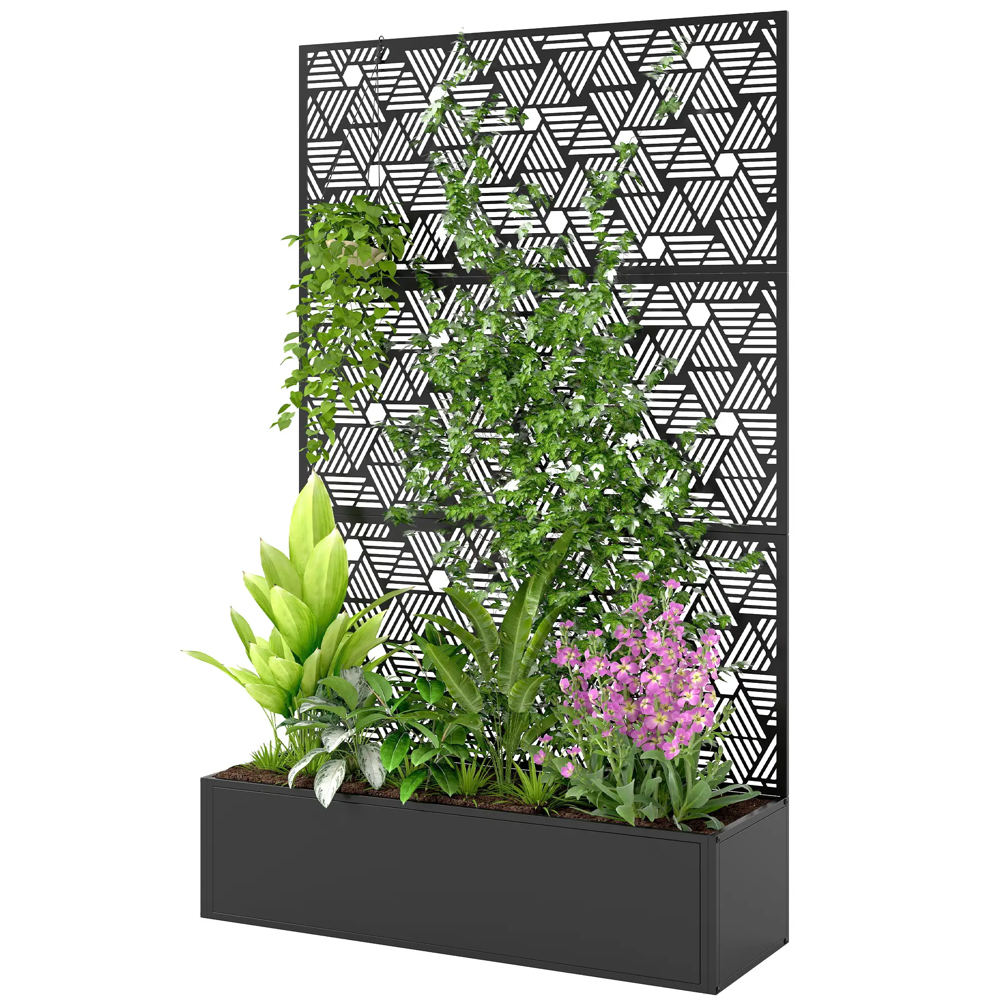 Metal Planter Box With Trellis, 70" Tall Raised Garden Bed, Hexagon Line Cut-Out