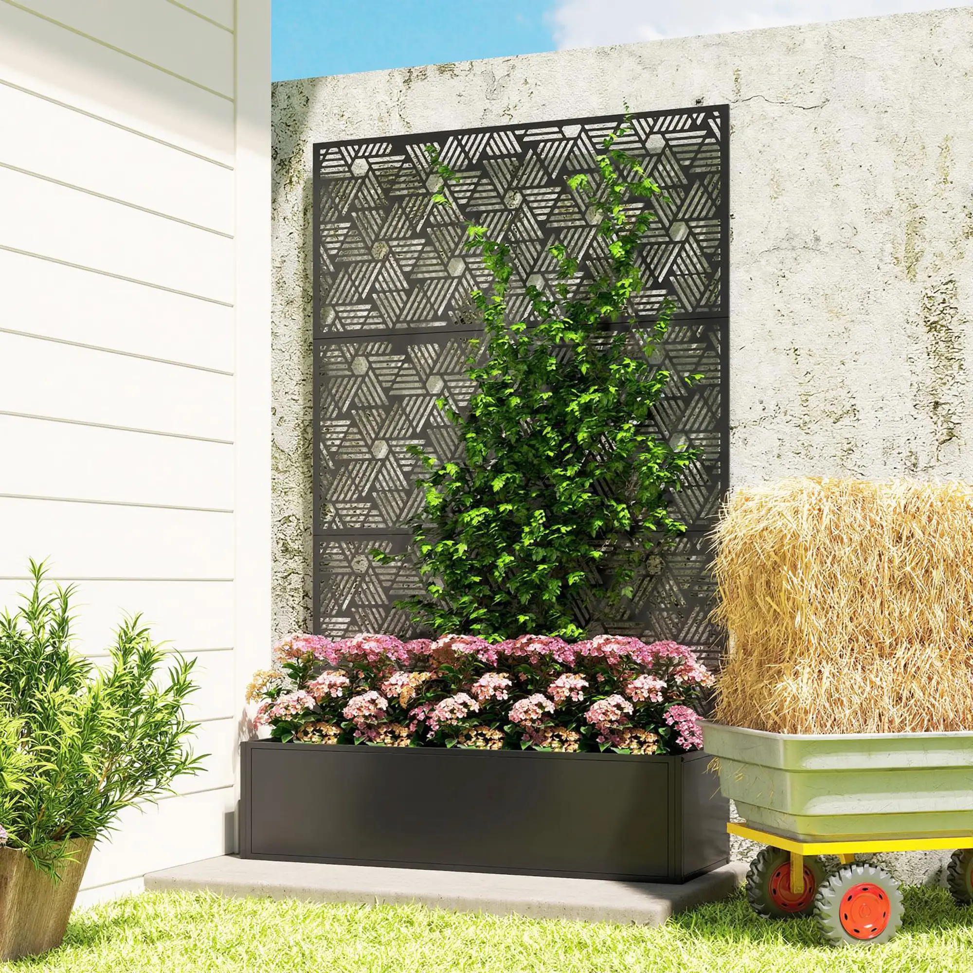 Metal Planter Box With Trellis, 70" Tall Raised Garden Bed, Hexagon Line Cut-Out - Image 2