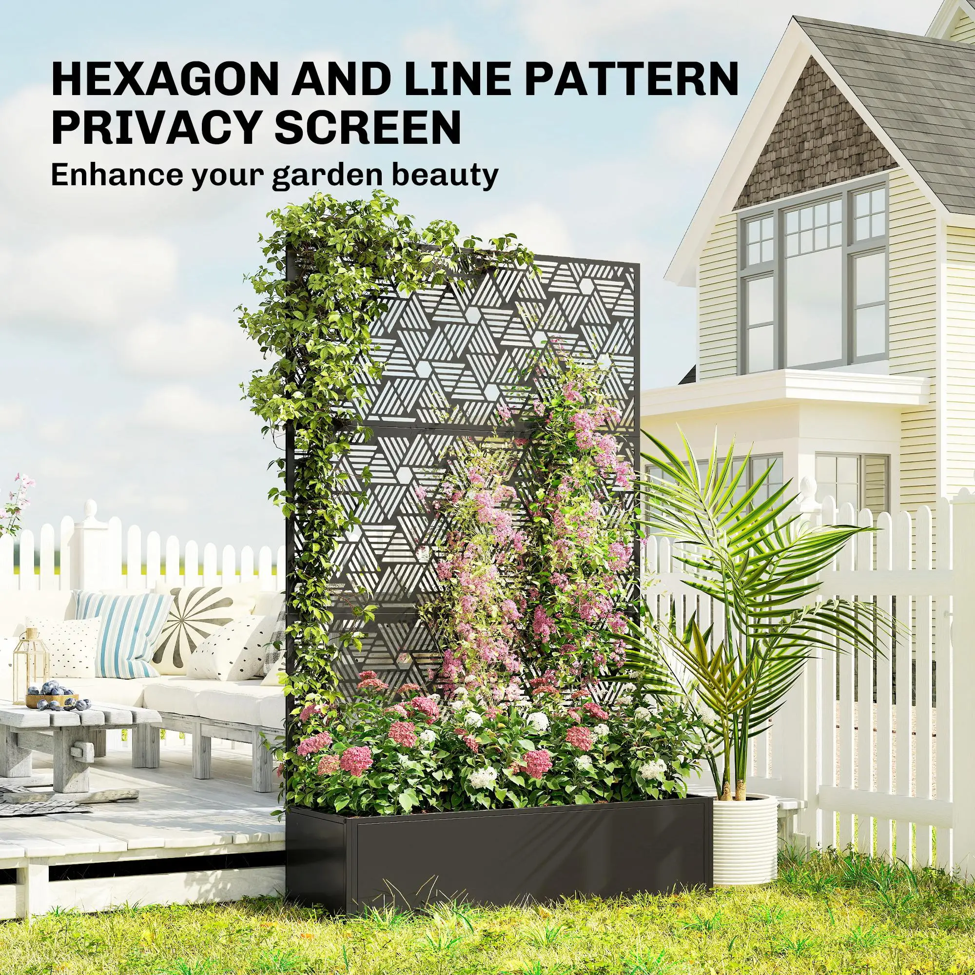 Metal Planter Box With Trellis, 70" Tall Raised Garden Bed, Hexagon Line Cut-Out - Image 5