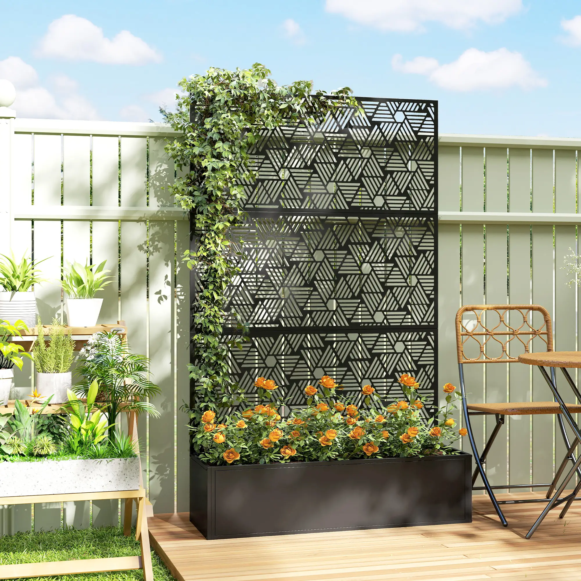 Metal Planter Box With Trellis, 70" Tall Raised Garden Bed, Hexagon Line Cut-Out - Image 8