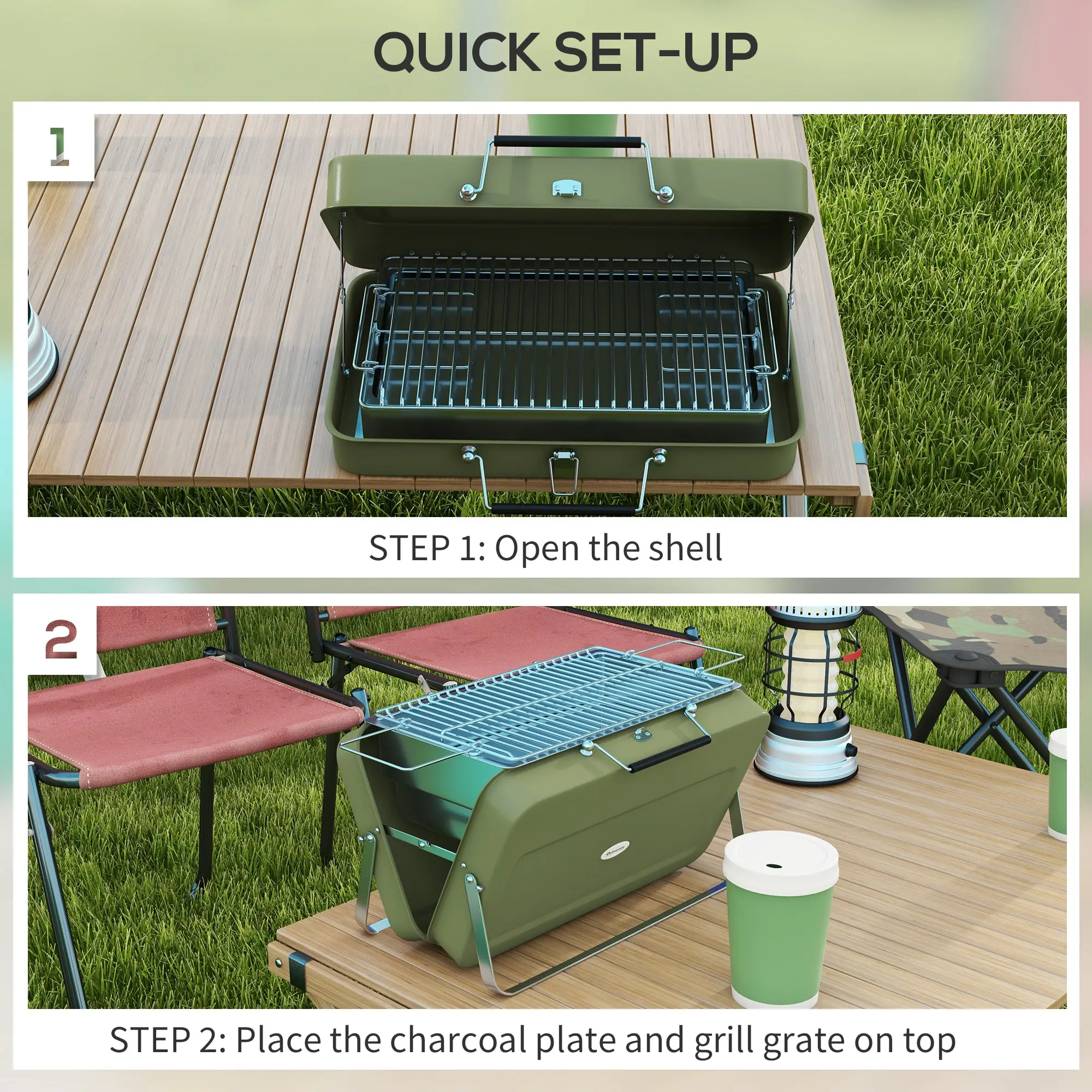 Metal Portable BBQ Grill, Green - Image 5