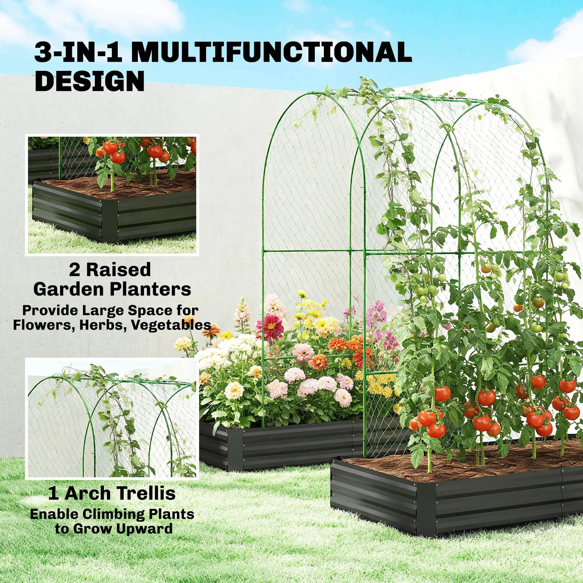 Metal Raised Garden Bed With Trellis, Galvanized Garden Kit, Black - Image 4