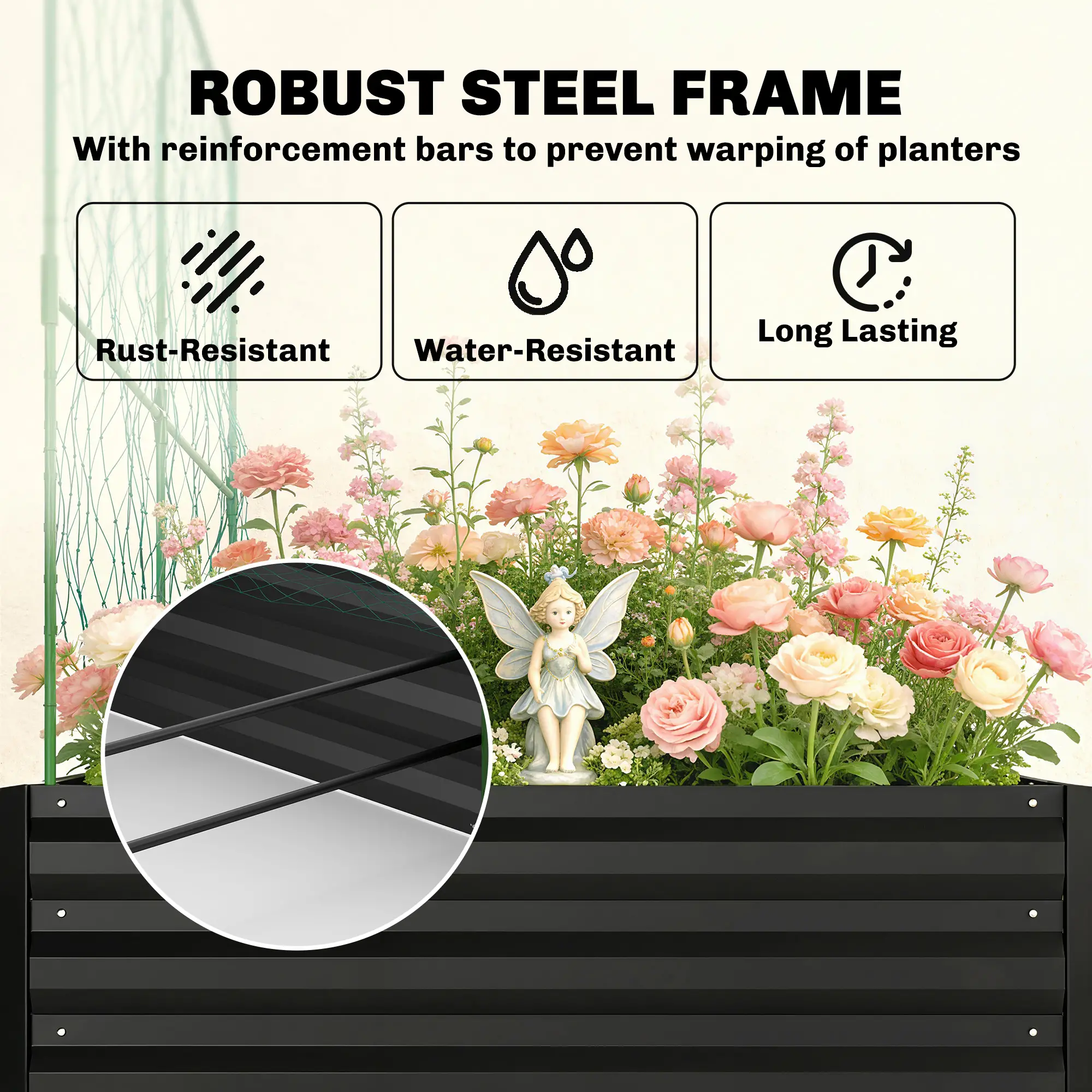 Metal Raised Garden Bed With Trellis, Galvanized Garden Kit, Black - Image 6