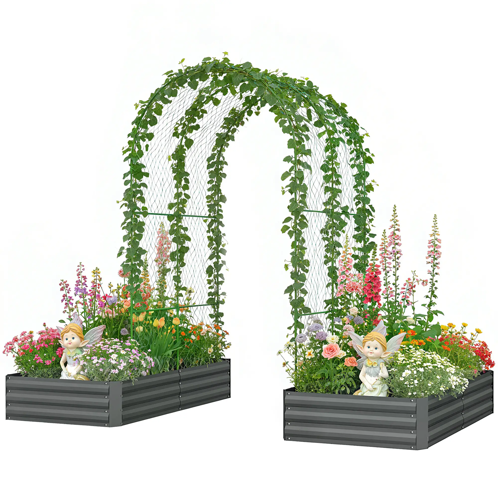 Metal Raised Garden Bed With Trellis, Galvanized Kit, Dark Grey
