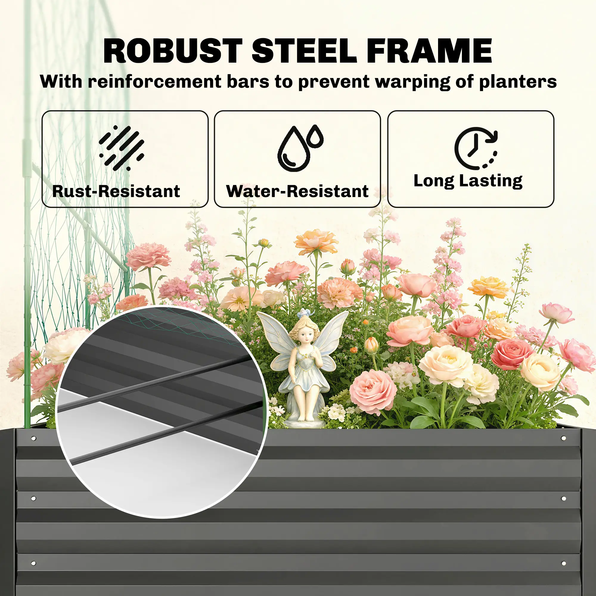Metal Raised Garden Bed With Trellis, Galvanized Kit, Dark Grey - Image 6