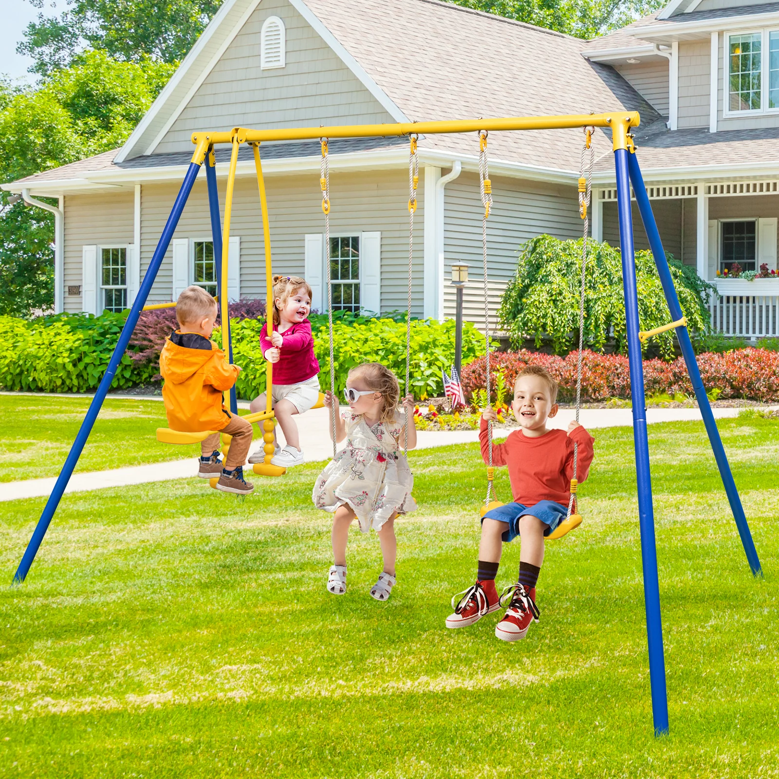 Metal Swing Set, 2 Swing Seats, 2 Glider Seats, Blue - Image 2