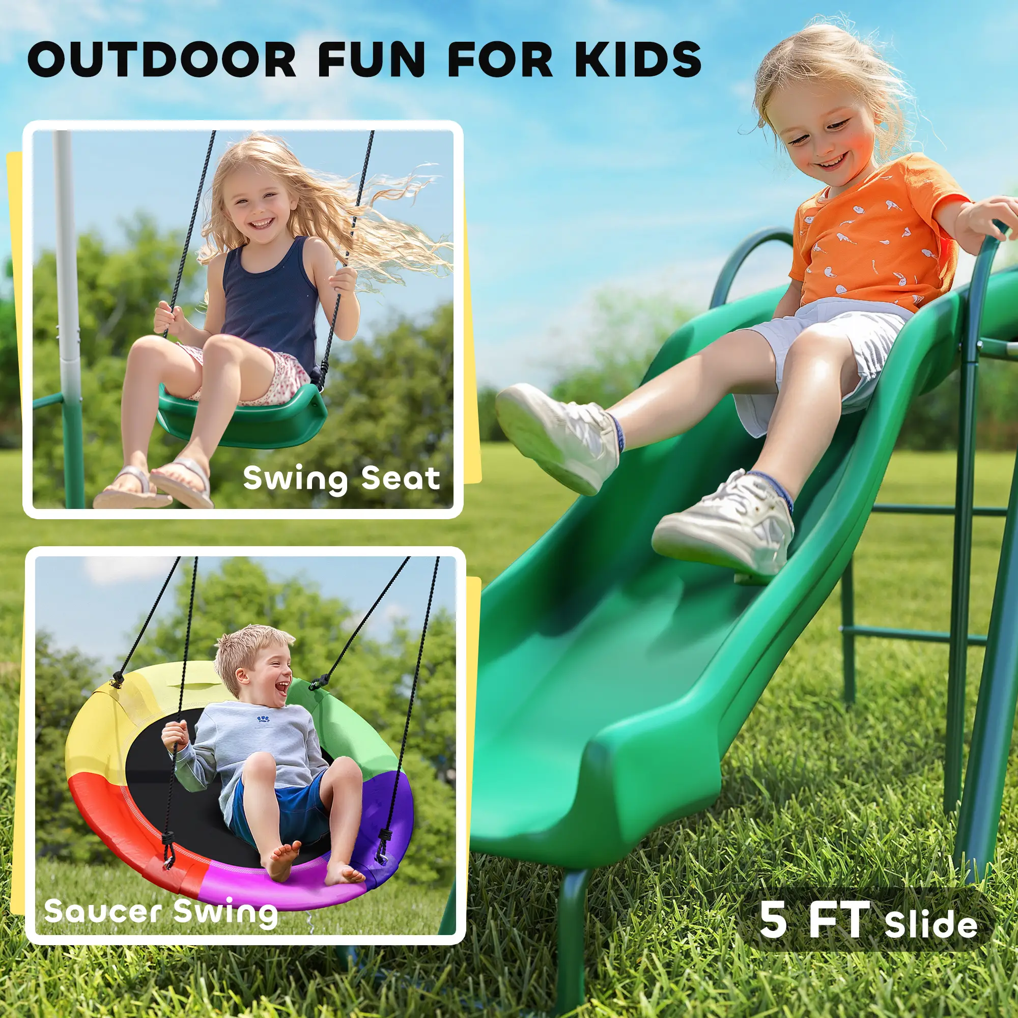 Metal Swing Set With Slide, Saucer Swing Seat, Dark Green - Image 4