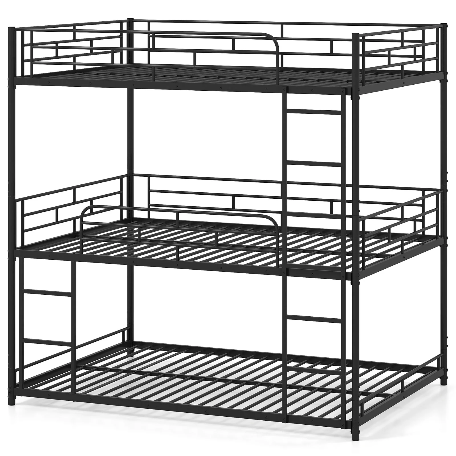 Metal Triple Bunk Bed With Safety Guardrails, 2 Ladders, Black