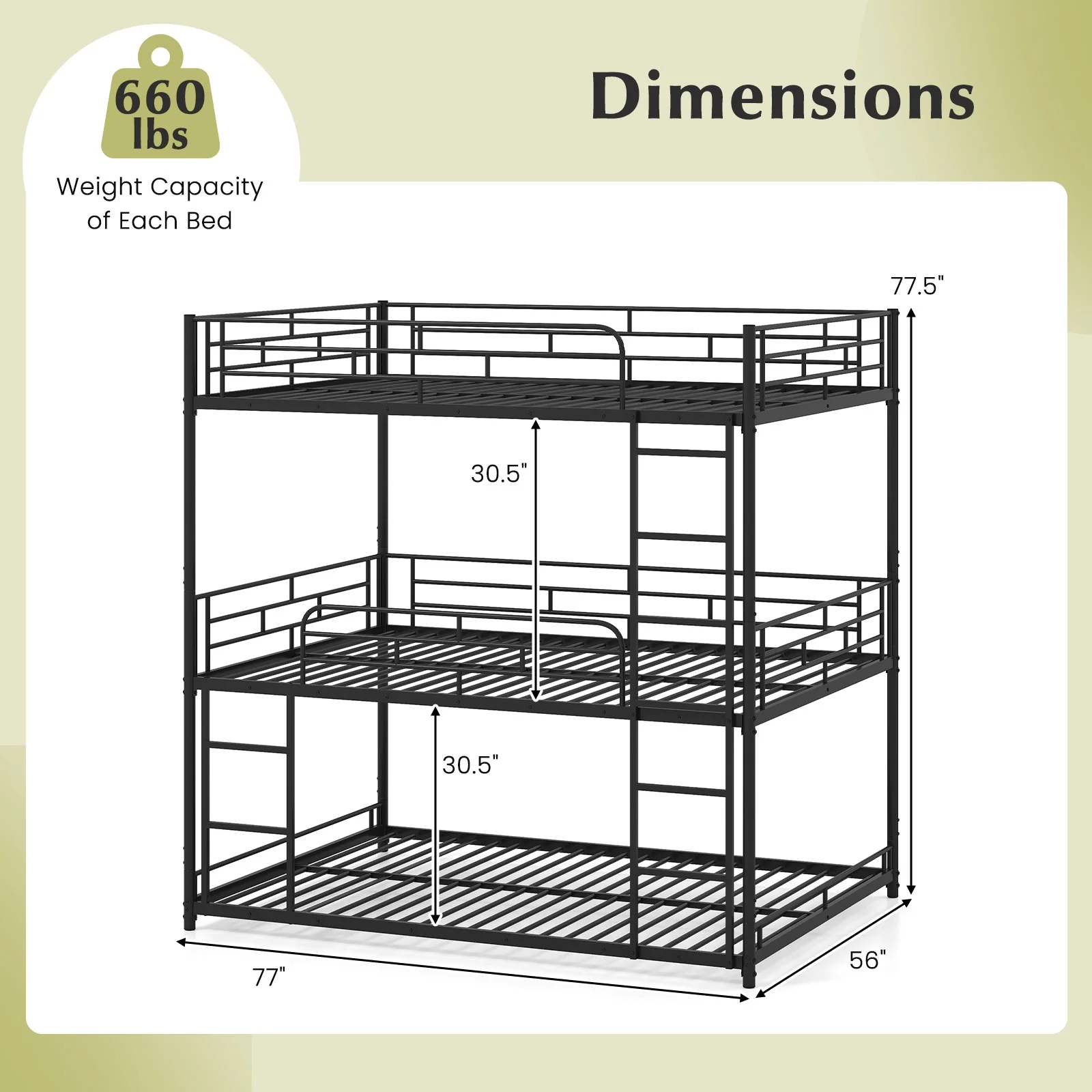 Metal Triple Bunk Bed With Safety Guardrails, 2 Ladders, Black - Image 6