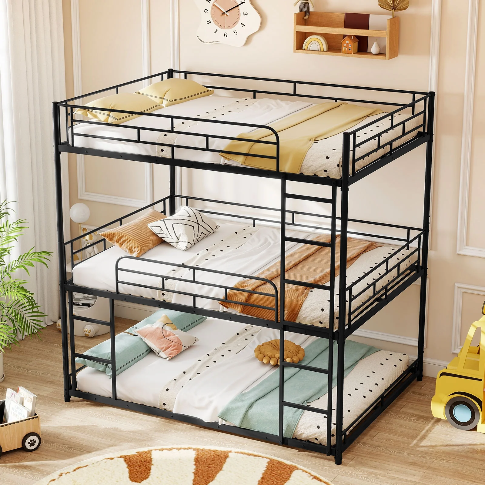 Metal Triple Bunk Bed With Safety Guardrails, 2 Ladders, Black - Image 7