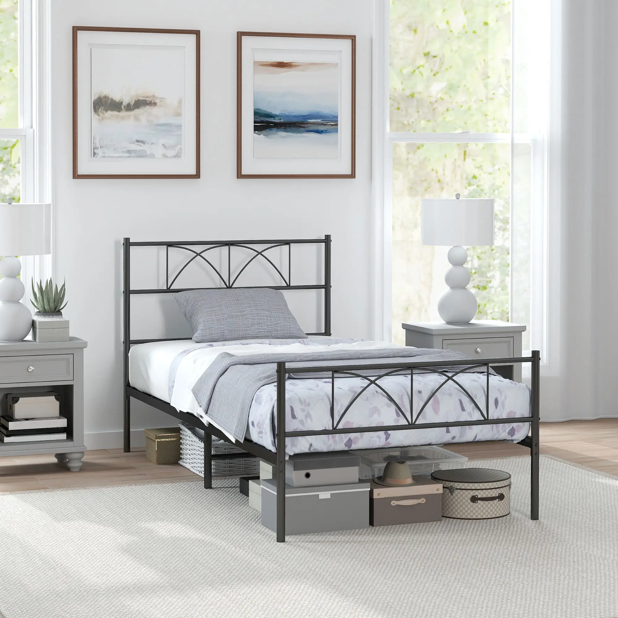Metal Twin Bed Frame with Headboard, Steel Slat Support, Underbed Storage - Image 2