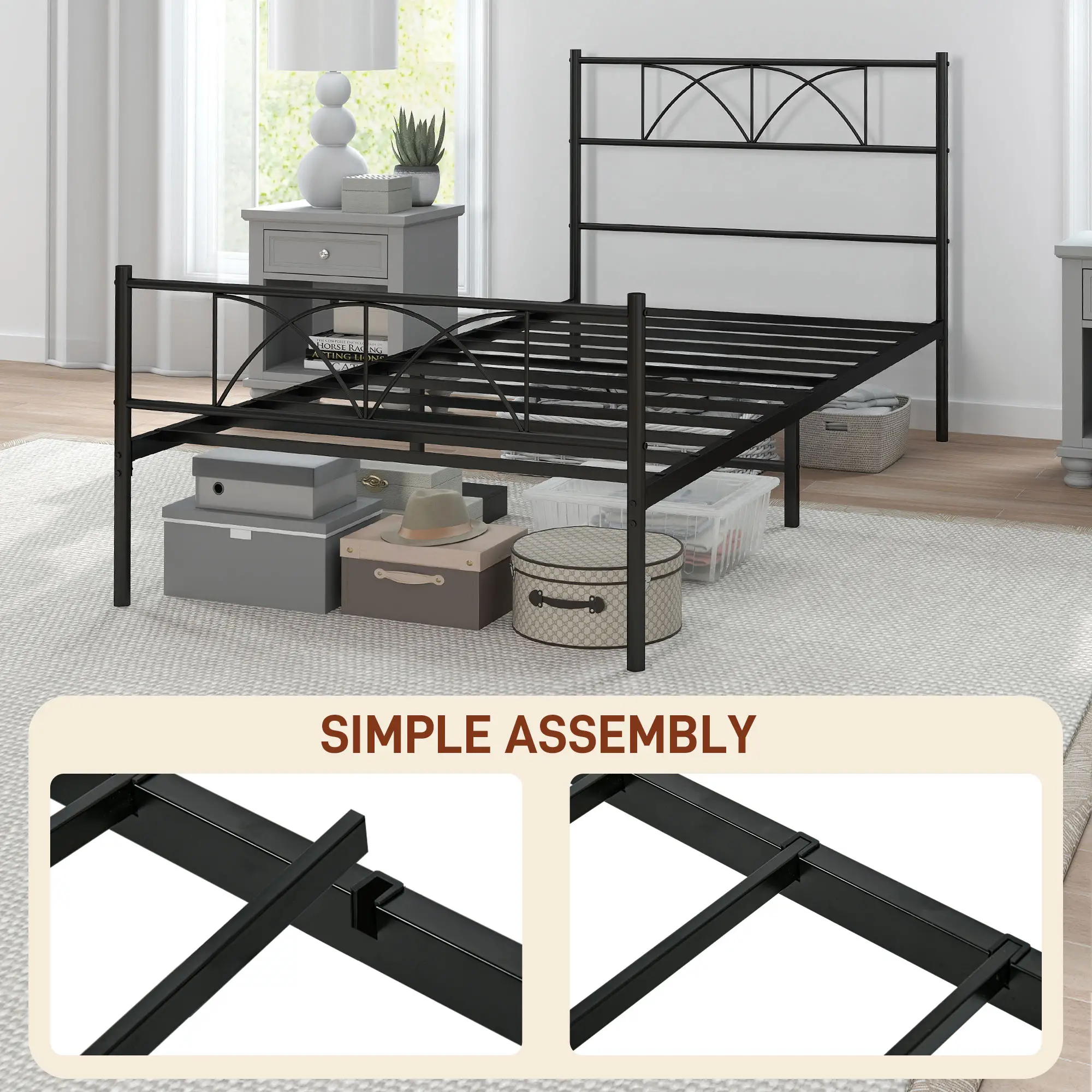 Metal Twin Bed Frame with Headboard, Steel Slat Support, Underbed Storage - Image 6