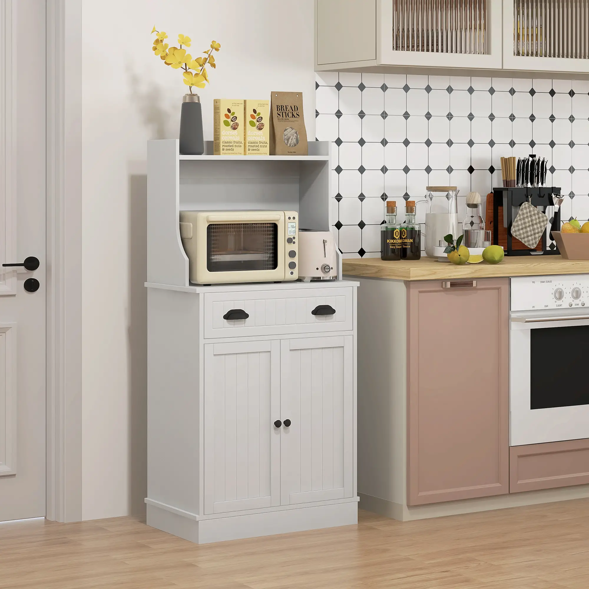 Microwave Cabinet, Kitchen Storage With Drawer, Adjustable Shelf, White - Image 2