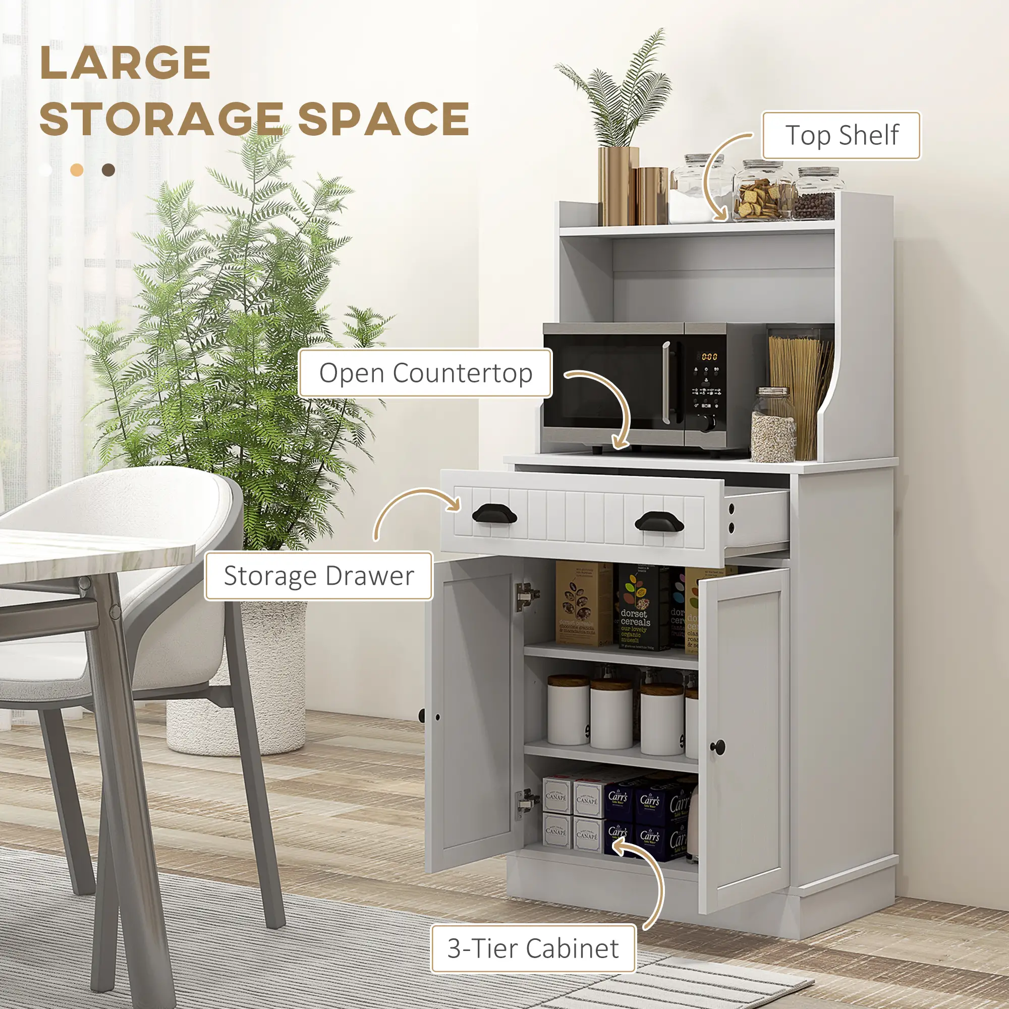 Microwave Cabinet, Kitchen Storage With Drawer, Adjustable Shelf, White - Image 4