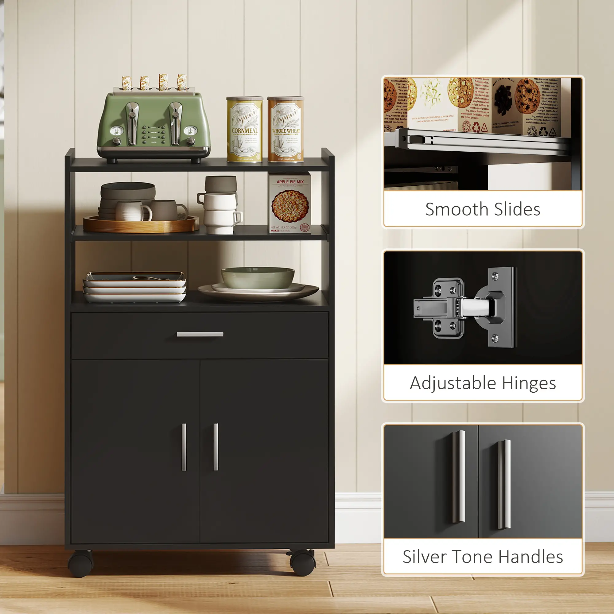 Microwave Cart with Wheels, Open Shelves and Drawer, Black - Image 7