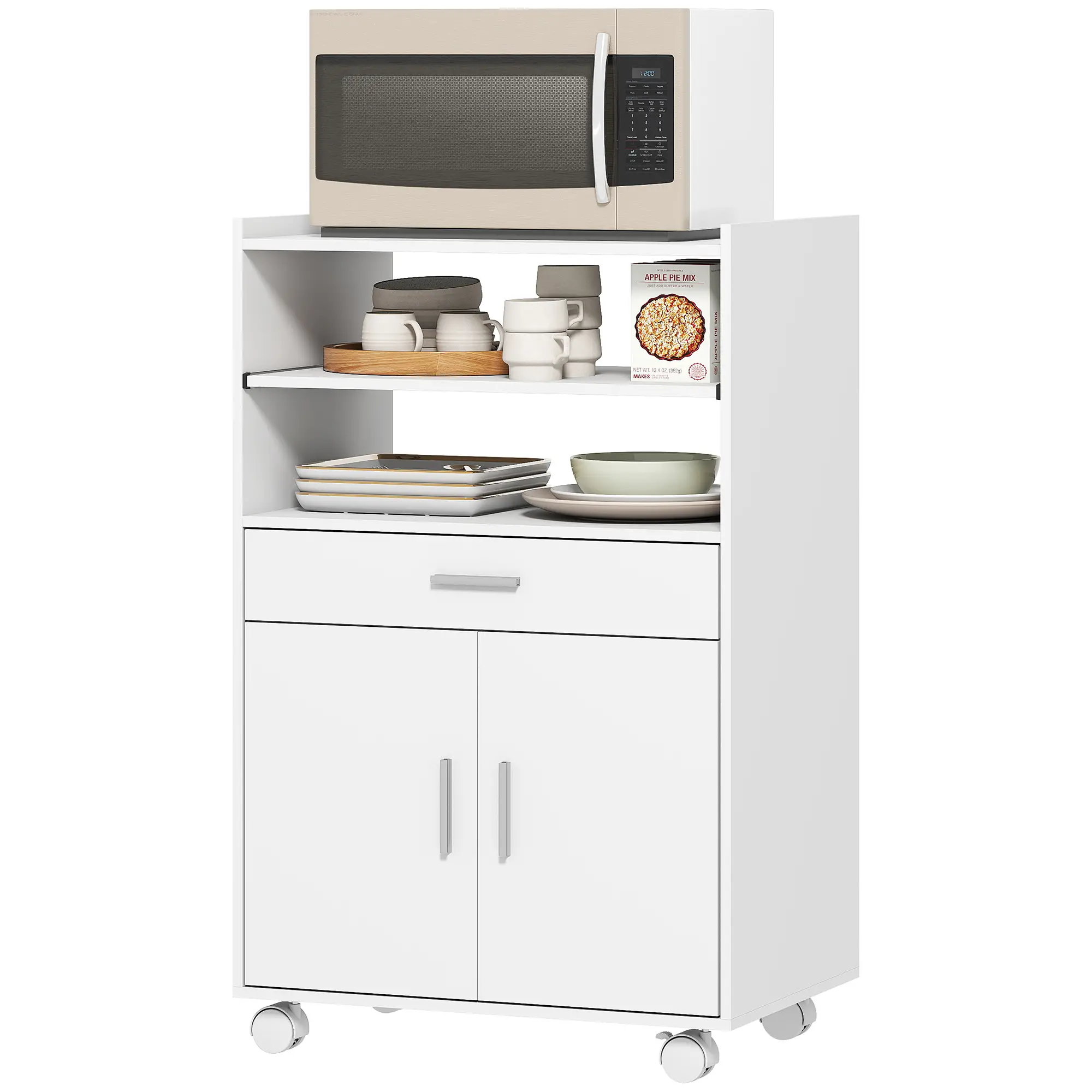Microwave Cart with Wheels, Storage Cabinet, White